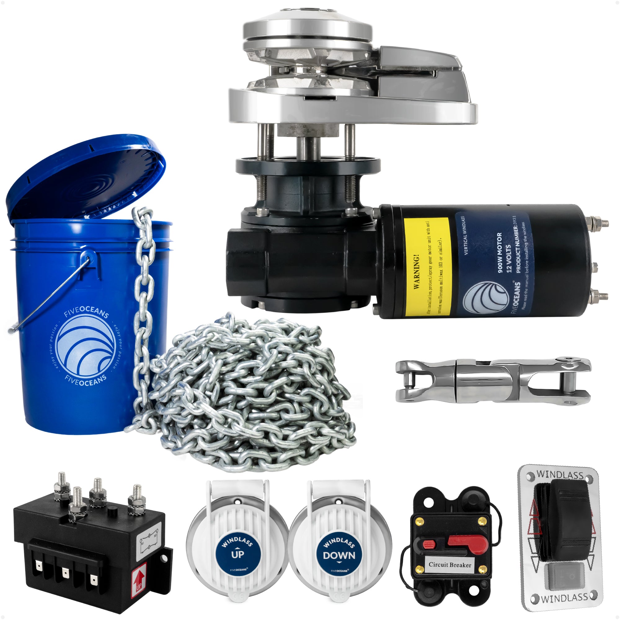 Premium Windlass Anchor Kit – 900W Vertical Windlass, 100 Ft HTG4 1/4" Galvanized Chain & Anchor Swivel - FO3287-4489-M100-KIT