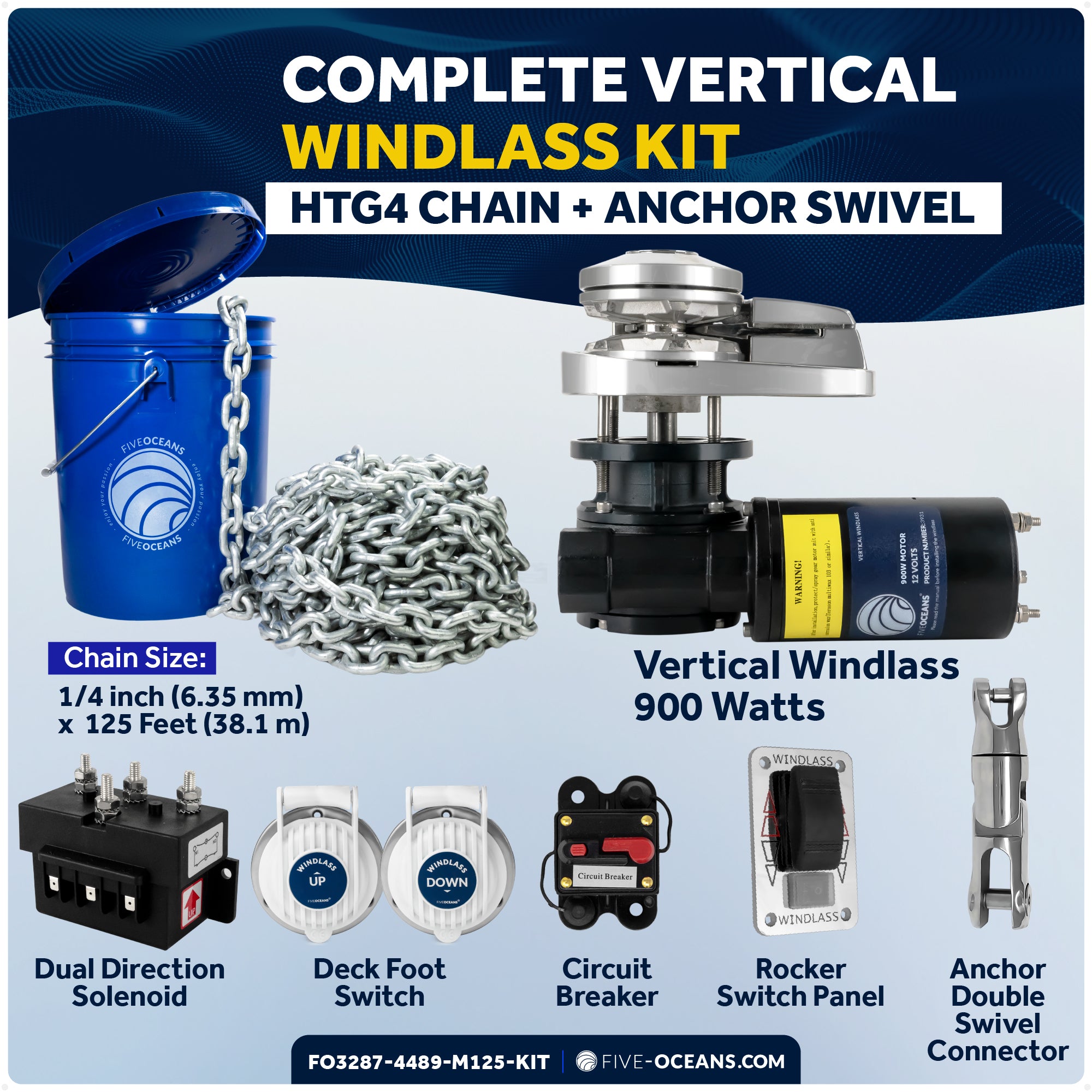 Premium Windlass Anchor Kit - 900W Vertical Windlass, 125 Ft HTG4 1/4" Galvanized Chain & Anchor Swivel - FO3287-4489-M125-KIT