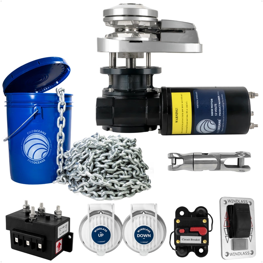 Vertical Windlass Kit 900W with 150' Galvanized Chain - FO3287-4489-M150-KIT - Five Oceans