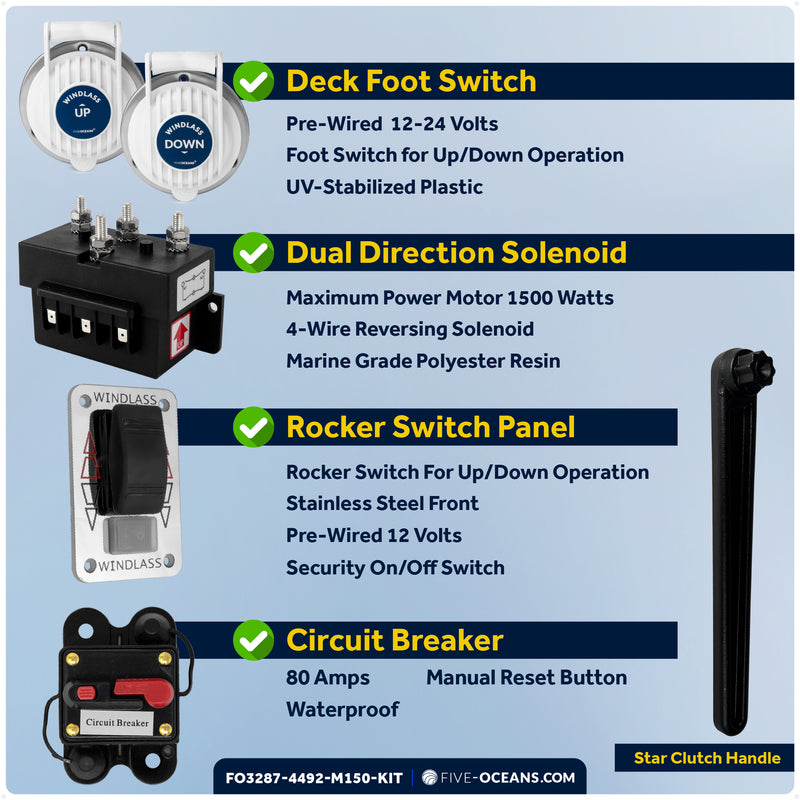 Vertical Windlass 900W with 150' Stainless Steel Chain - FO3287-4492-M150-KIT - Five Oceans