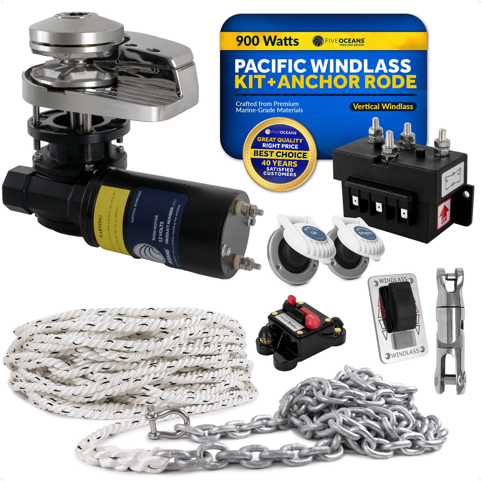 Pacific Windlass Kit, Vertical 900 Watts, 12V DC, 3-Strand Rope, Galvanized Steel HT G4 Chain, Swivel and Shackle - FO3287-C1 - Five Oceans