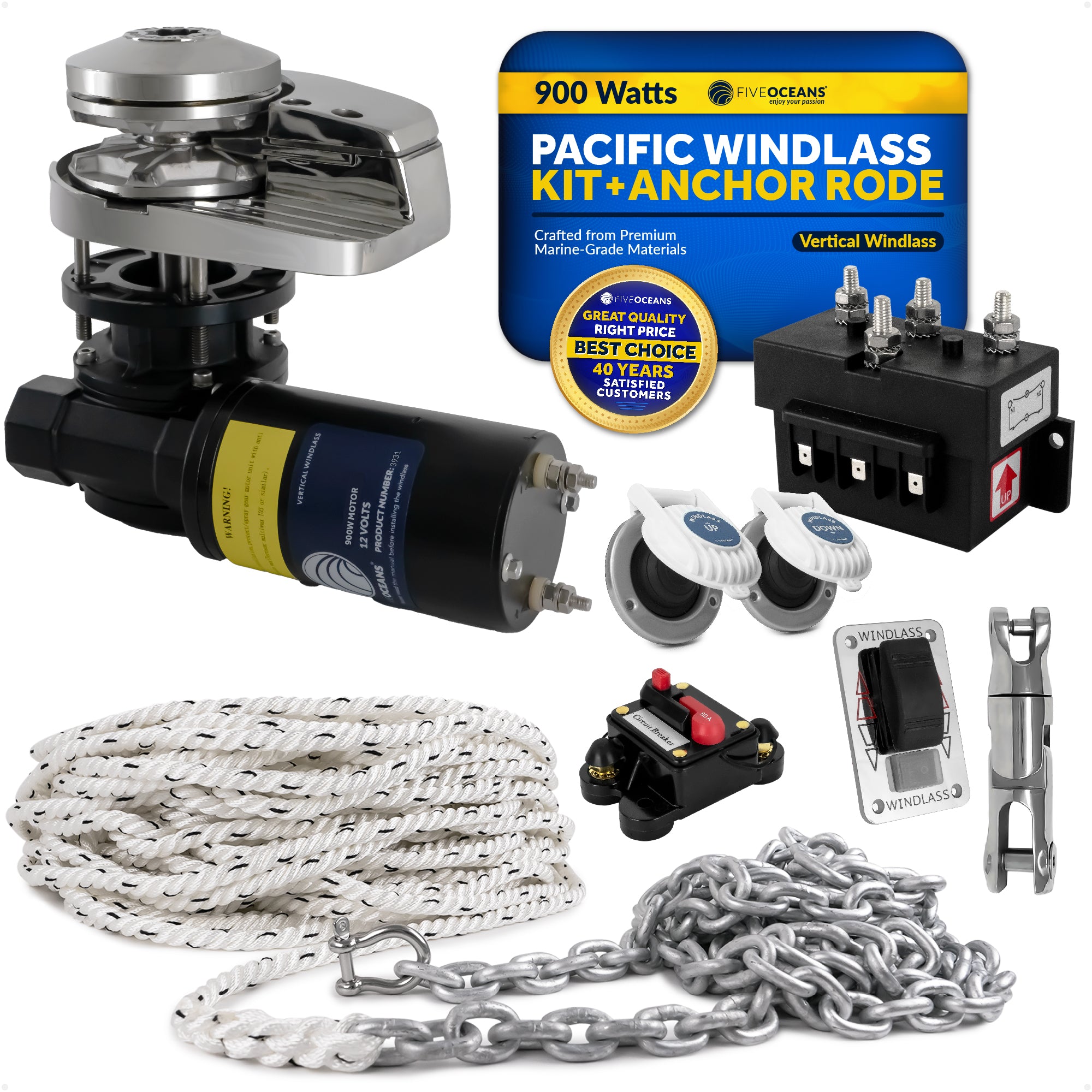 Pacific Windlass Kit, Vertical 900 Watts, 12V DC, 3-Strand Rope, Galvanized Steel HT G4 Chain, Swivel and Shackle - FO3287-C1 - Five Oceans