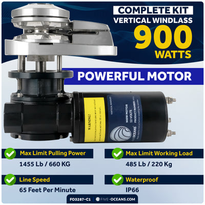 Vertical Windlass Kit 900W, 12V with Anchor Rode & Swivel - FO3287-C1 - Five Oceans