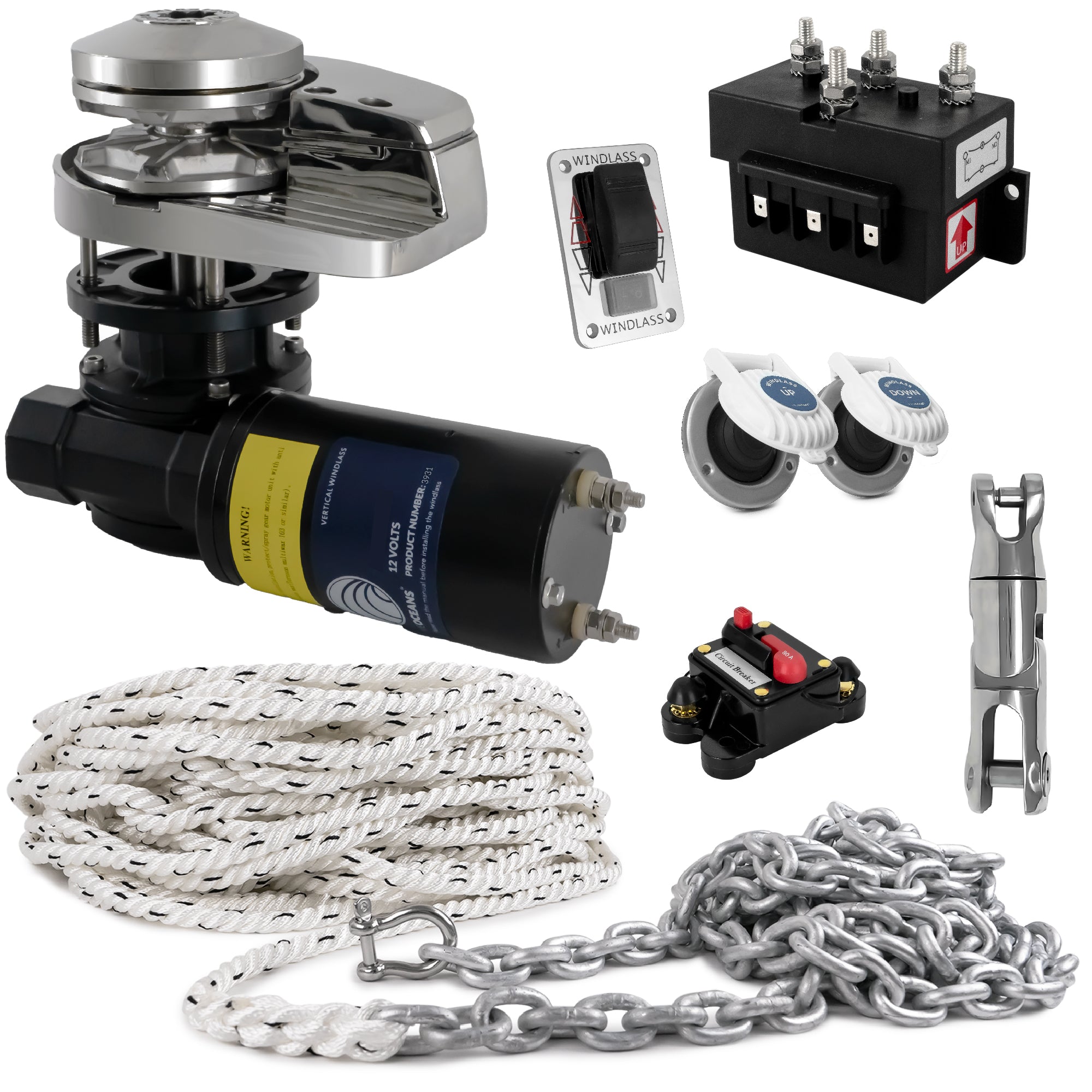 Pacific Windlass Kit, Vertical 900 Watts, 12V DC, 3-Strand Rope, Galvanized Steel HT G4 Chain, Swivel and Shackle - FO3287-C1