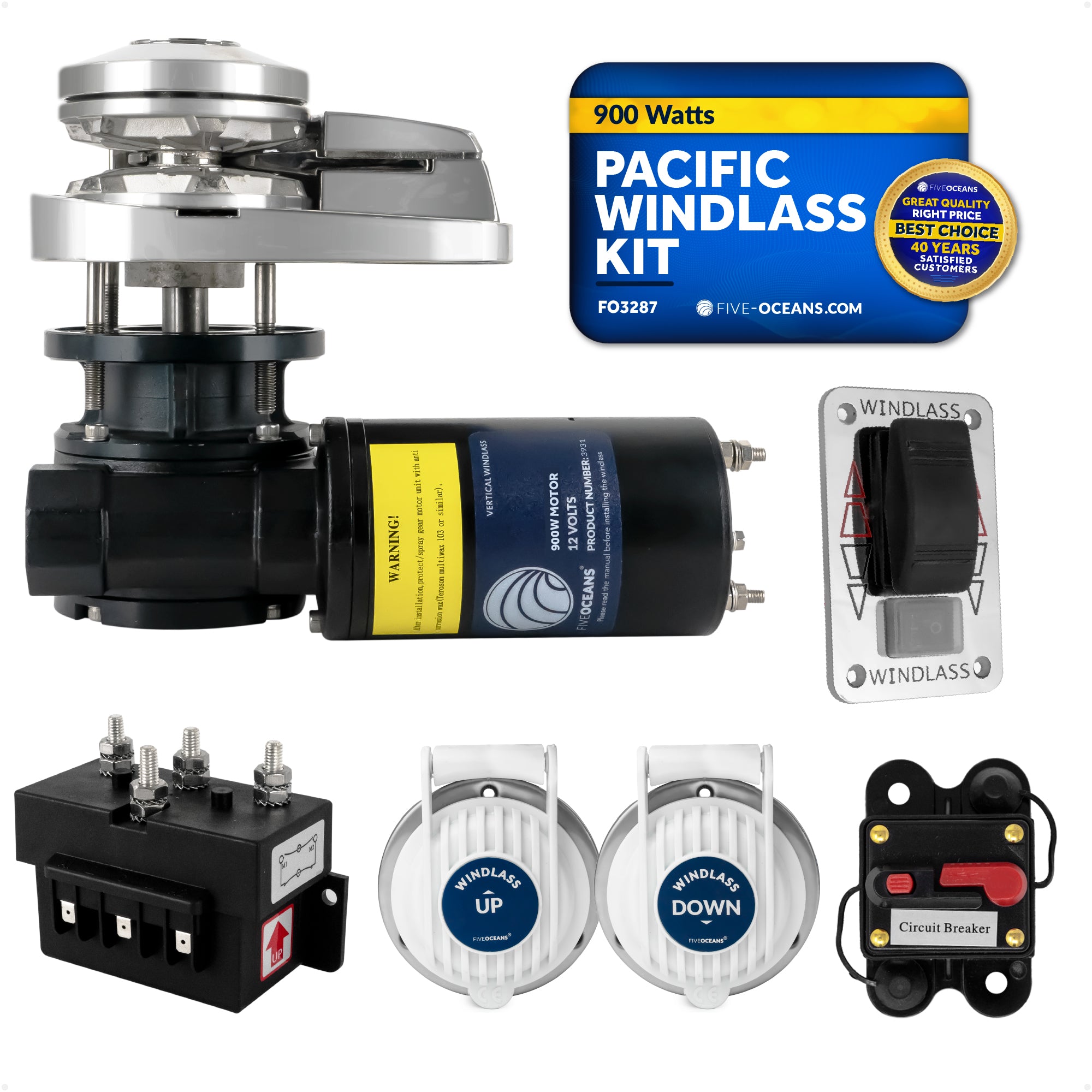 Pacific Windlass Kit - Compatible with 1/4" HTG4 Chain & 1/2" Rope, Vertical 900W 12V DC - FO3287