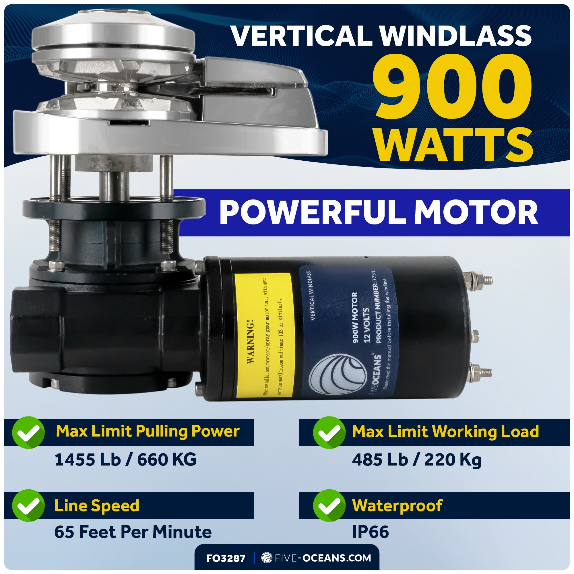 Pacific Windlass Kit - Compatible with 1/4" HTG4 Chain & 1/2" Rope, Vertical 900W 12V DC - FO3287