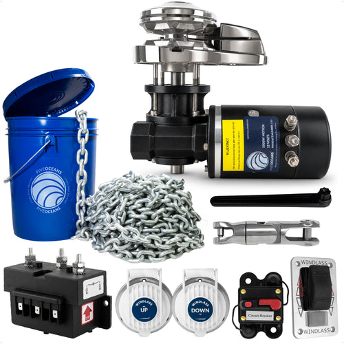 Pacific 1000 Series Vertical Windlass Kit, 12V DC, with 5/16' Galvanized Steel Chain