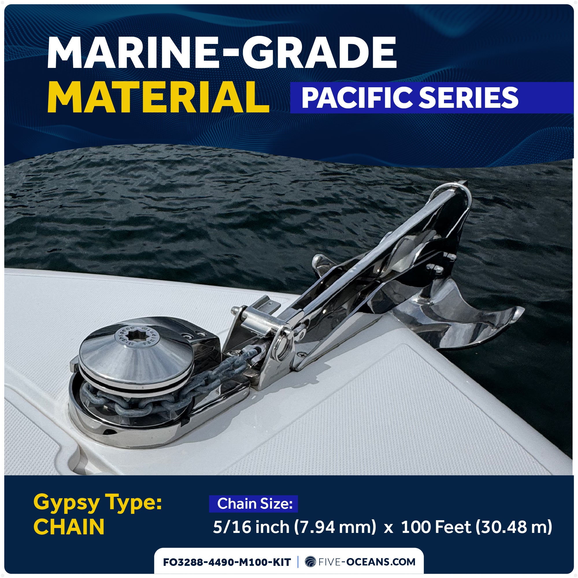 Premium Windlass Anchor Kit – 1000W Vertical Windlass, 100 Ft HTG4 5/16" Galvanized Chain & Anchor Swivel - FO3288-4490-M100-KIT