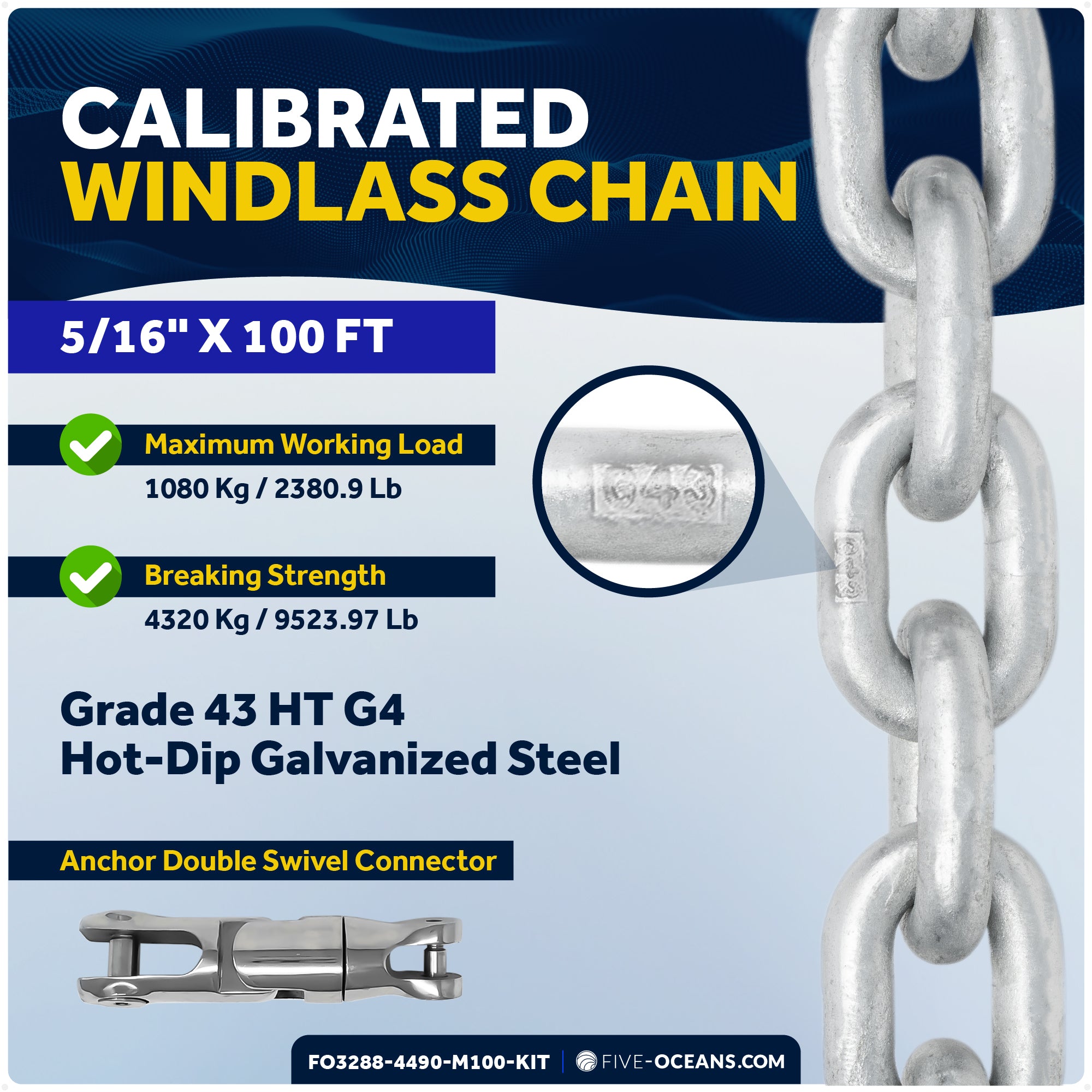 Premium Windlass Anchor Kit – 1000W Vertical Windlass, 100 Ft HTG4 5/16" Galvanized Chain & Anchor Swivel - FO3288-4490-M100-KIT