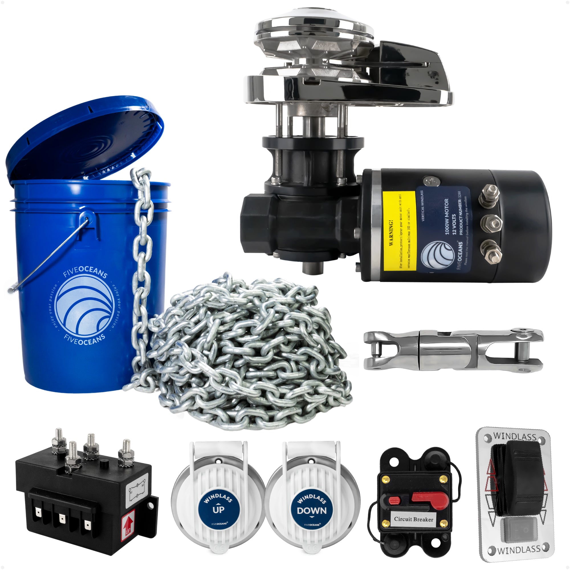 Premium Windlass Anchor Kit – 1000W Vertical Windlass, 125 Ft HTG4 5/16" Galvanized Chain & Anchor Swivel - FO3288-4490-M125-KIT