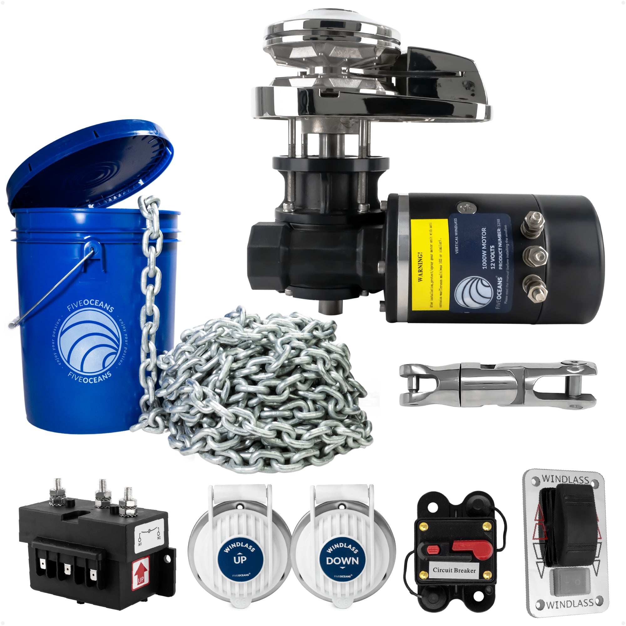 Premium Windlass Anchor Kit - 1000W Vertical Windlass, 125 Ft HTG4 5/16" Galvanized Chain & Anchor Swivel - FO3288-4490-M125-KIT