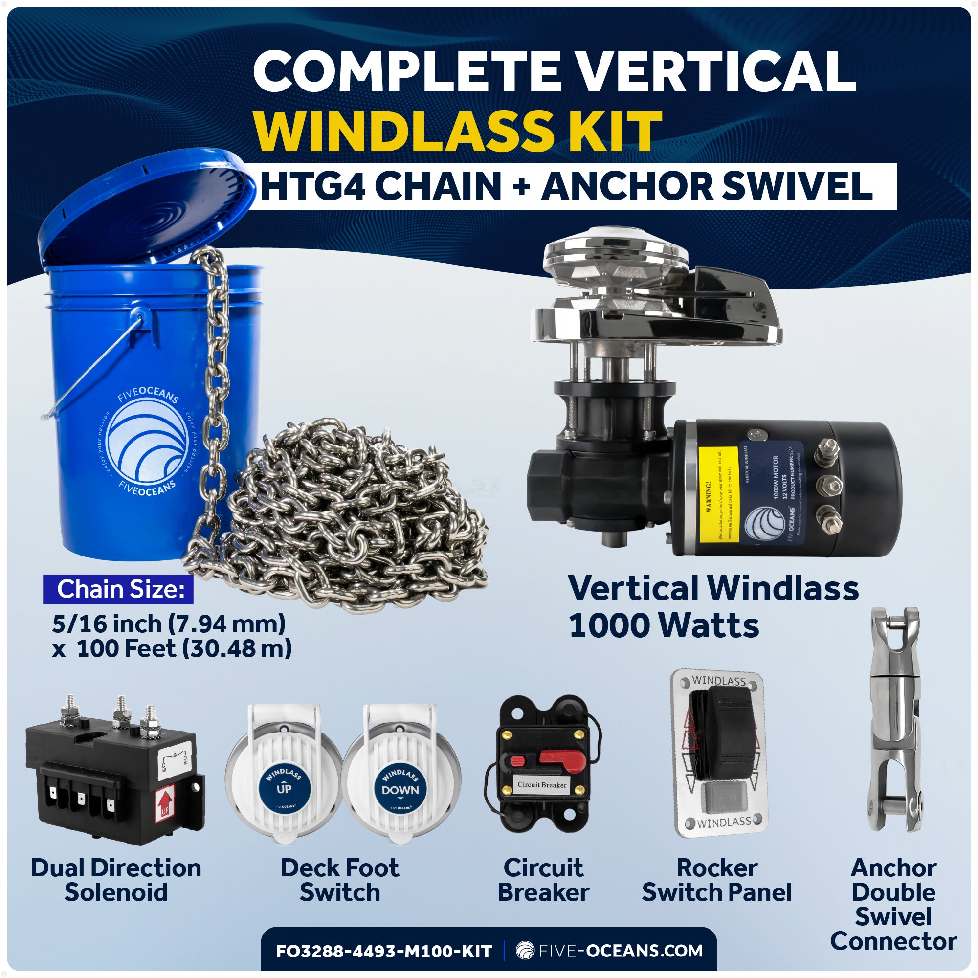Premium Windlass Anchor Kit – 1000W Vertical Windlass, 100 Ft HTG4 5/16" Stainless Steel Chain & Anchor Swivel - FO3288-4493-M100-KIT