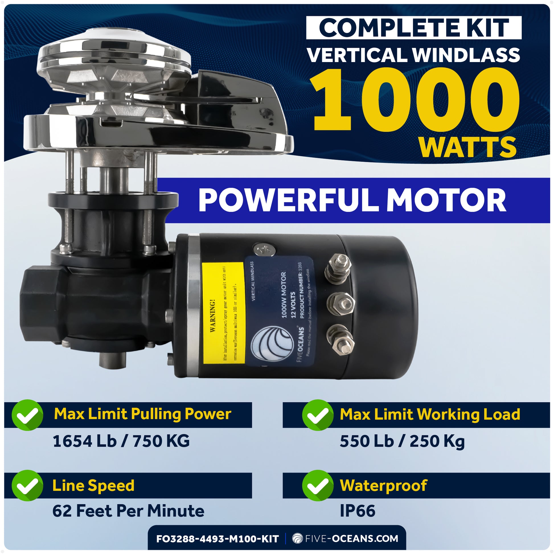 Vertical Windlass 1000W with 100' Stainless Steel Chain - FO3288-4493-M100-KIT - Five Oceans