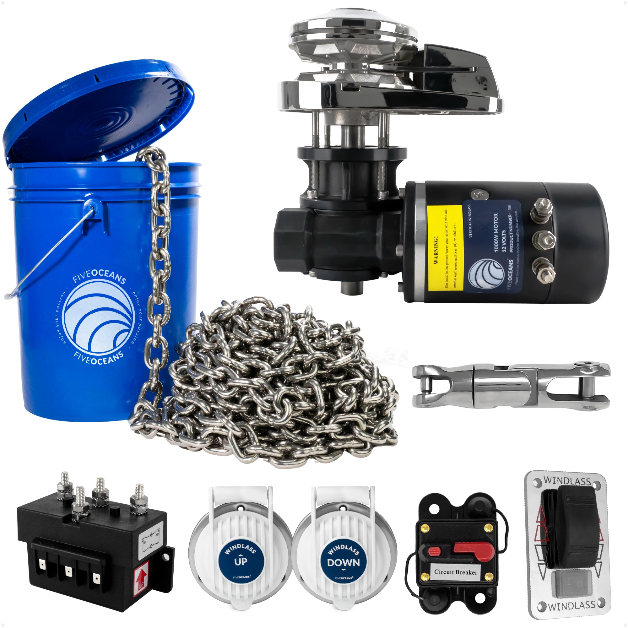 Premium Windlass Anchor Kit – 1000W Vertical Windlass, 125 Ft HTG4 5/16" Stainless Steel Chain & Anchor Swivel - FO3288-4493-M125-KIT