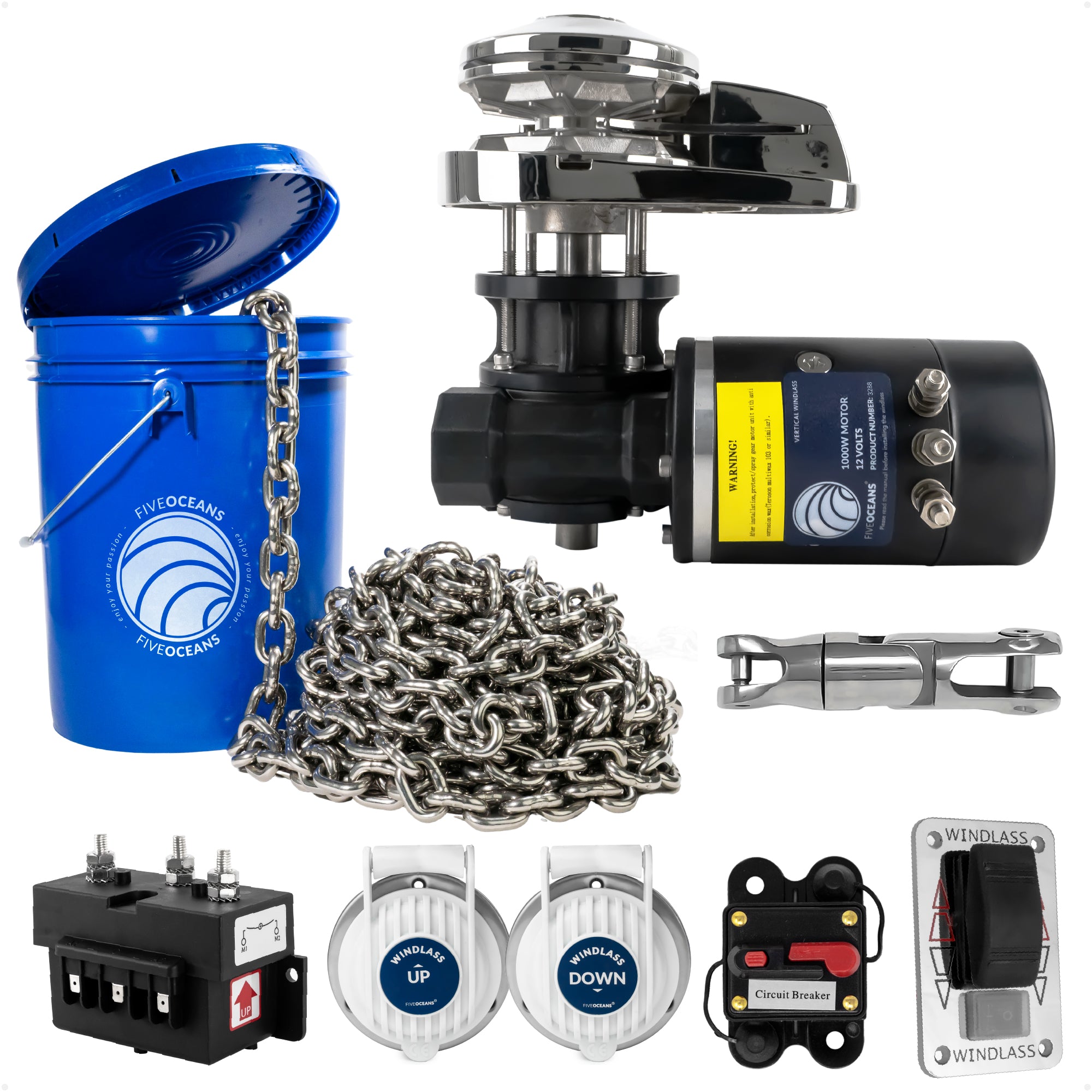 Premium Windlass Anchor Kit - 1000W Vertical Windlass, 125 Ft HTG4 5/16" Stainless Steel Chain & Anchor Swivel - FO3288-4493-M125-KIT