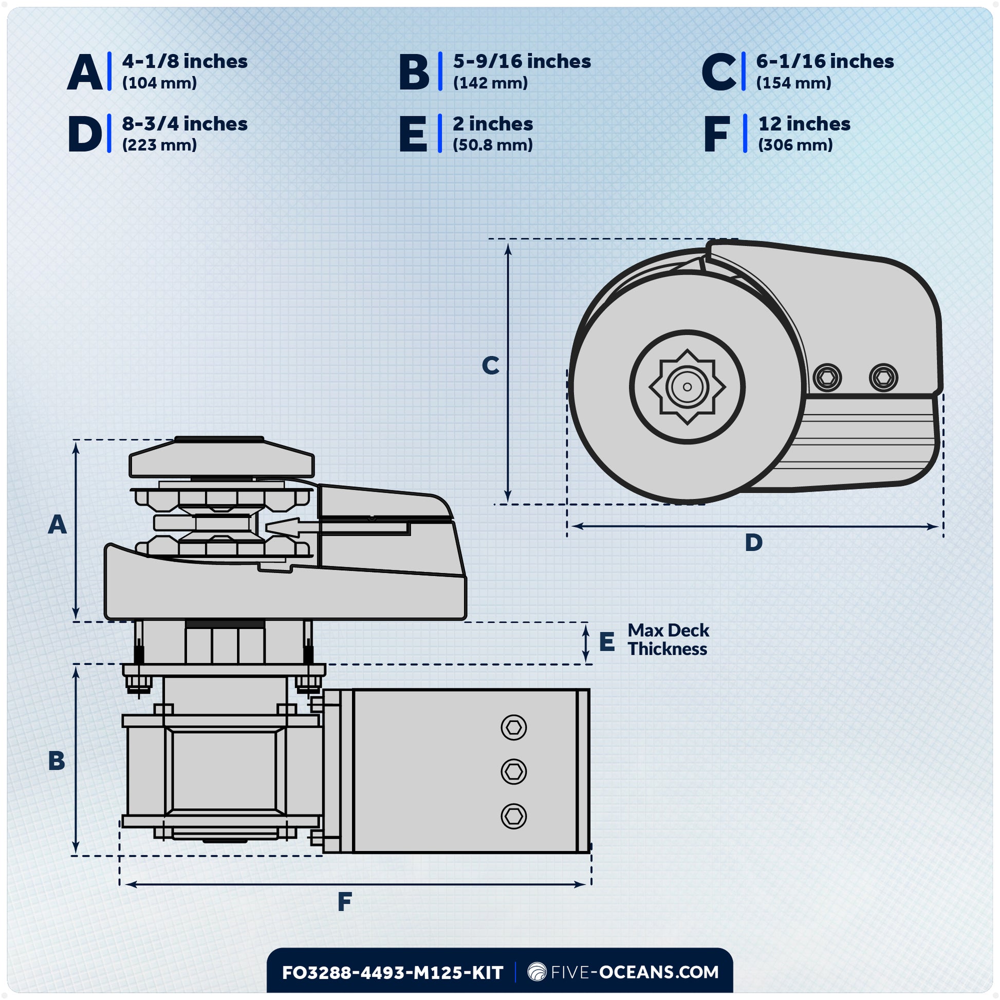Vertical Windlass 1000W with 125' Stainless Steel Chain - FO3288-4493-M125-KIT - Five Oceans