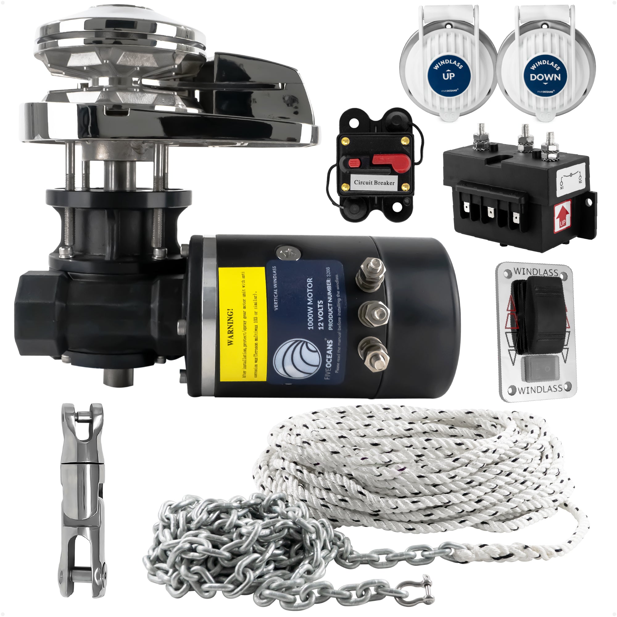 Pacific Windlass Kit, Vertical 1000 Watts, 12V DC, 9/16" x 200' 3-Strand Rope, 5/16" x 20' Galvanized Steel HT G4 Chain, Swivel and Shackle - FO3288-C1