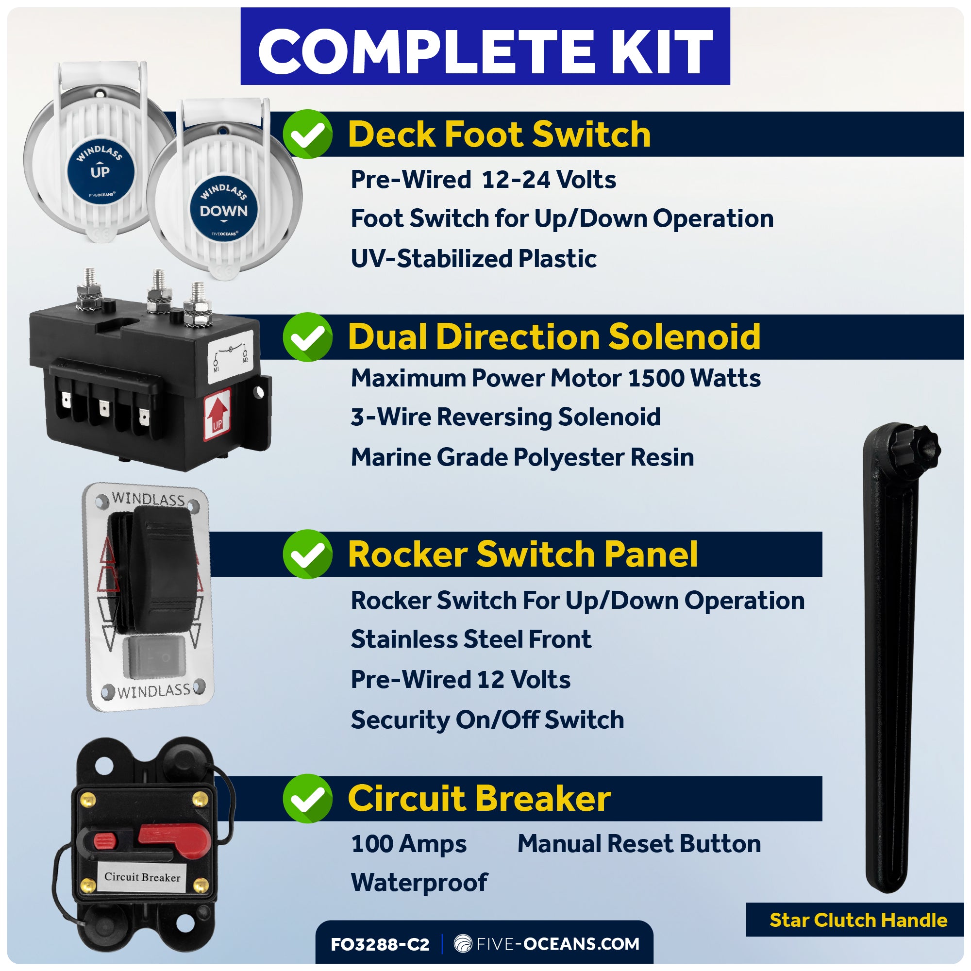 Pacific Windlass Kit, Vertical 1000 Watts, 12V DC, 9/16" x 200' 3-Strand Rope, 5/16" x 20' Stainless Steel HT G4 Chain, Swivel and Shackle - FO3288-C2