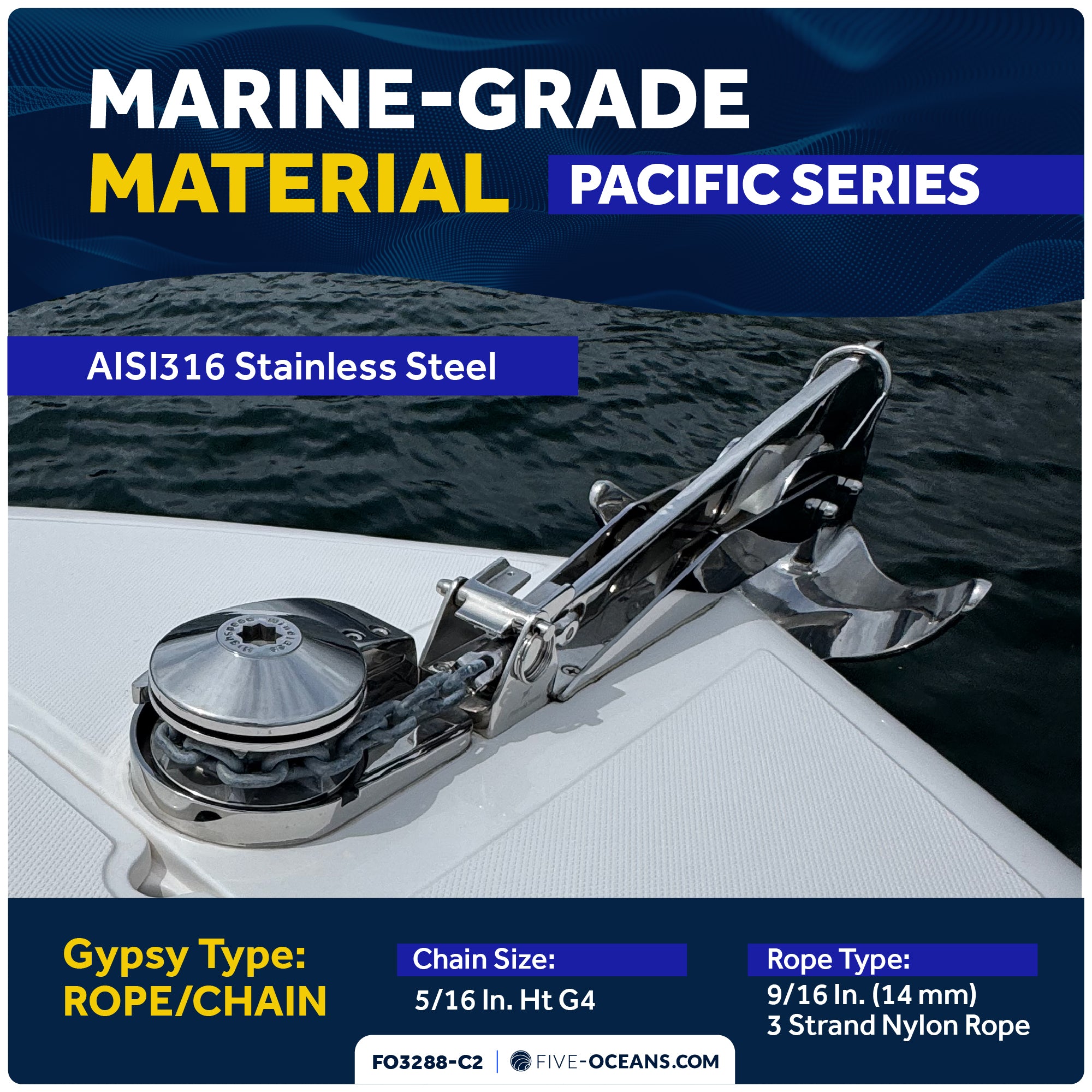 Pacific Windlass Kit, Vertical 1000 Watts, 12V DC, 9/16" x 200' 3-Strand Rope, 5/16" x 20' Stainless Steel HT G4 Chain, Swivel and Shackle - FO3288-C2