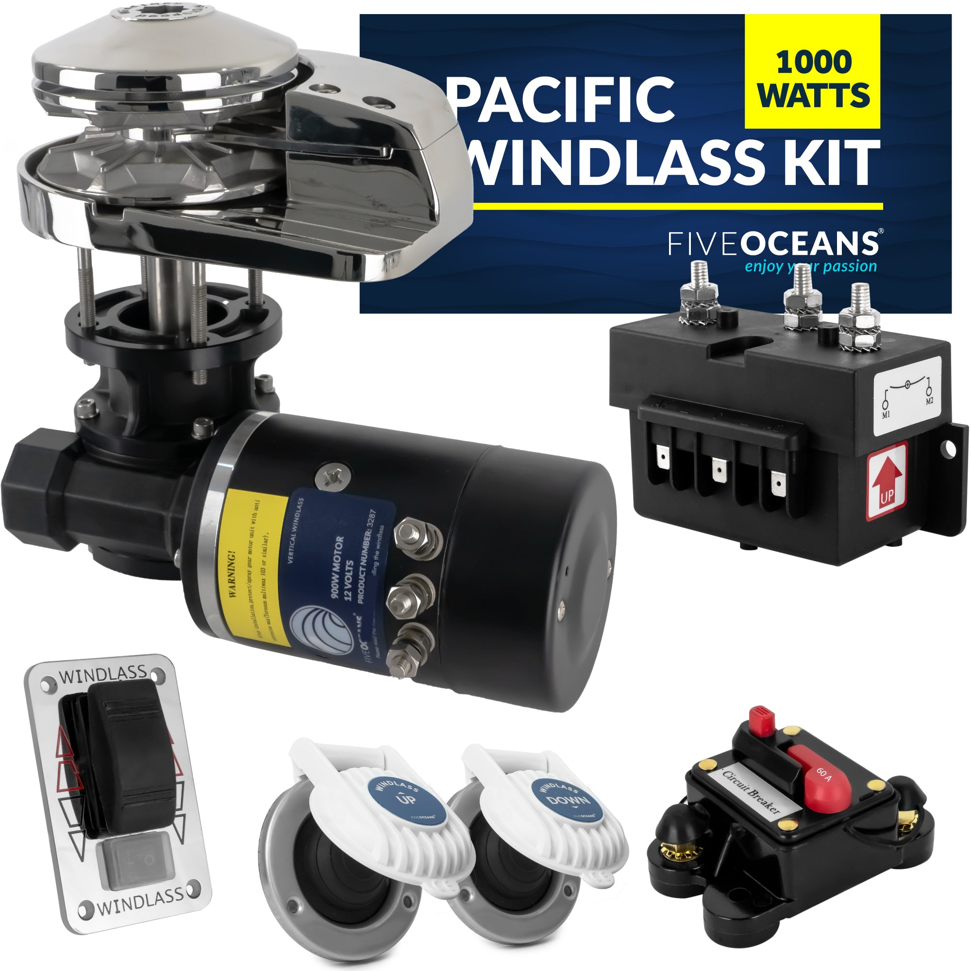 Pacific Windlass Kit, 5/16" HTG4 Chain - 9/16" Rope, Vertical 1000 Watts, 12V DC - FO3288