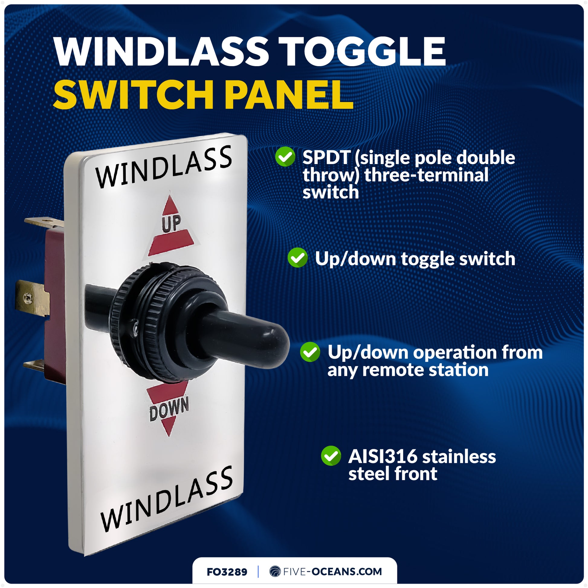 Up/Down Windlass Toggle Switch, 12V, SPDT 3-Terminal - FO3289 - Five Oceans