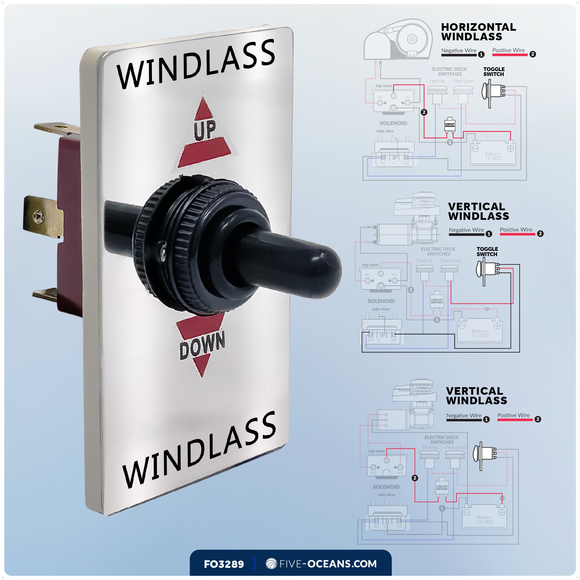 Up/Down Windlass Toggle Switch, 12V, SPDT 3-Terminal - FO3289 - Five Oceans