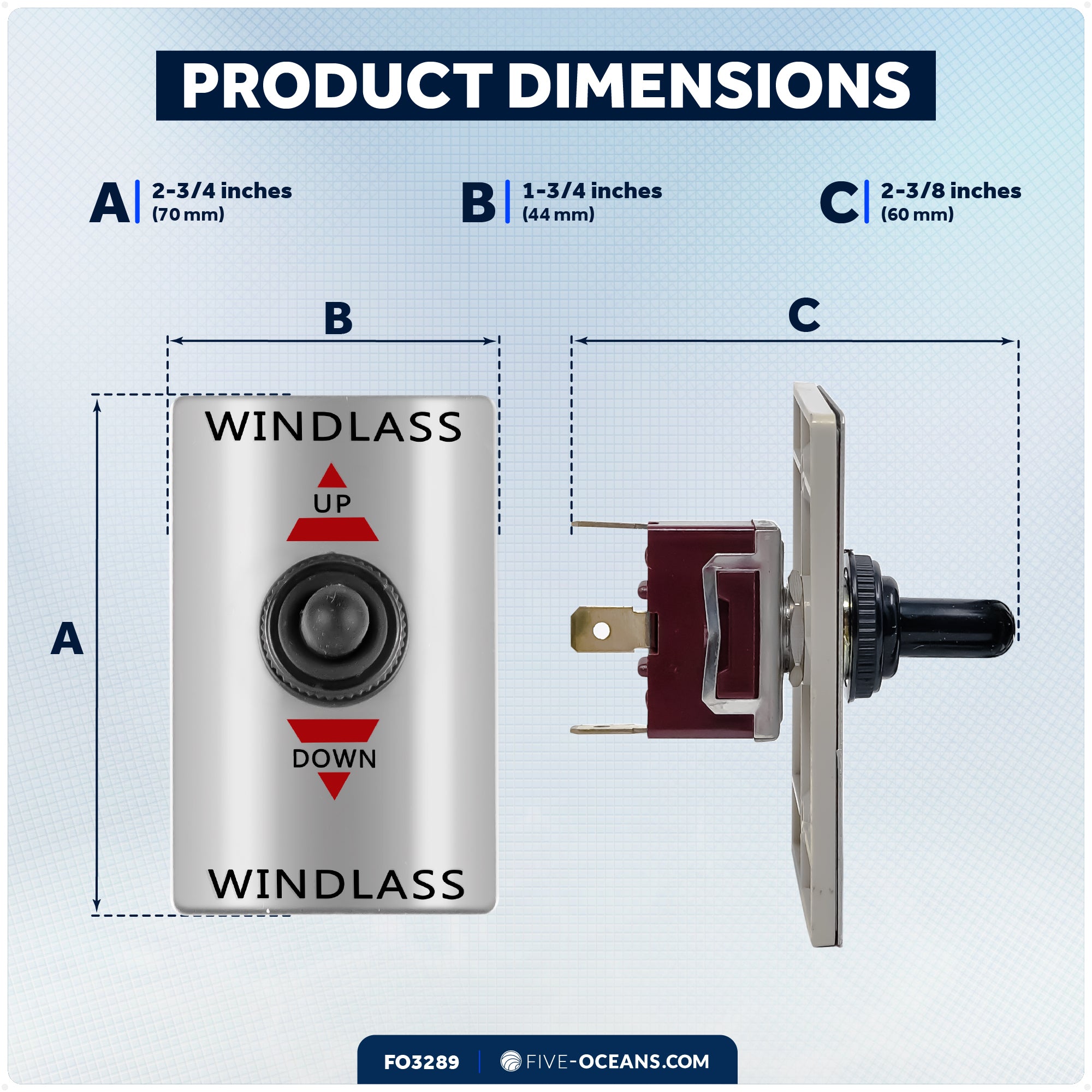 Up/Down Windlass Toggle Switch, 12V, SPDT 3-Terminal - FO3289 - Five Oceans