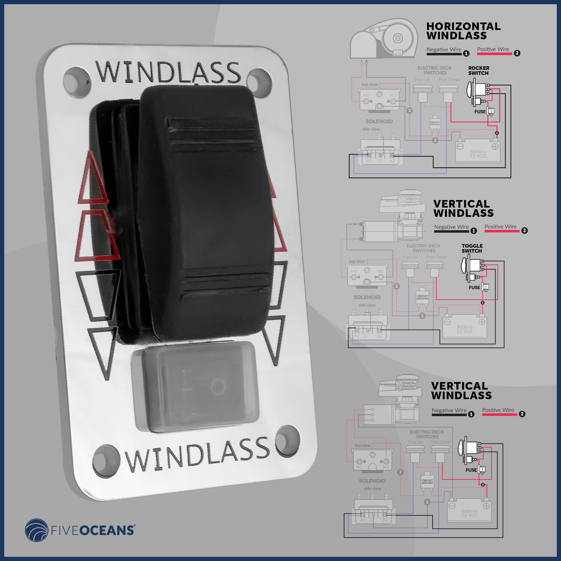 Windlass Rocker Switch Panel, 12 V, SPDT 3-Terminal - FO3290 - Five Oceans