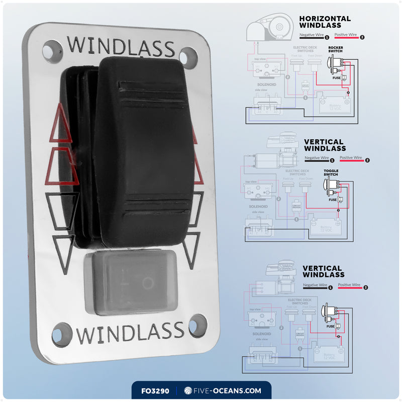 Up/Down Windlass Rocker Switch, 12V, SPDT 3-Terminal - FO3290 - Five Oceans