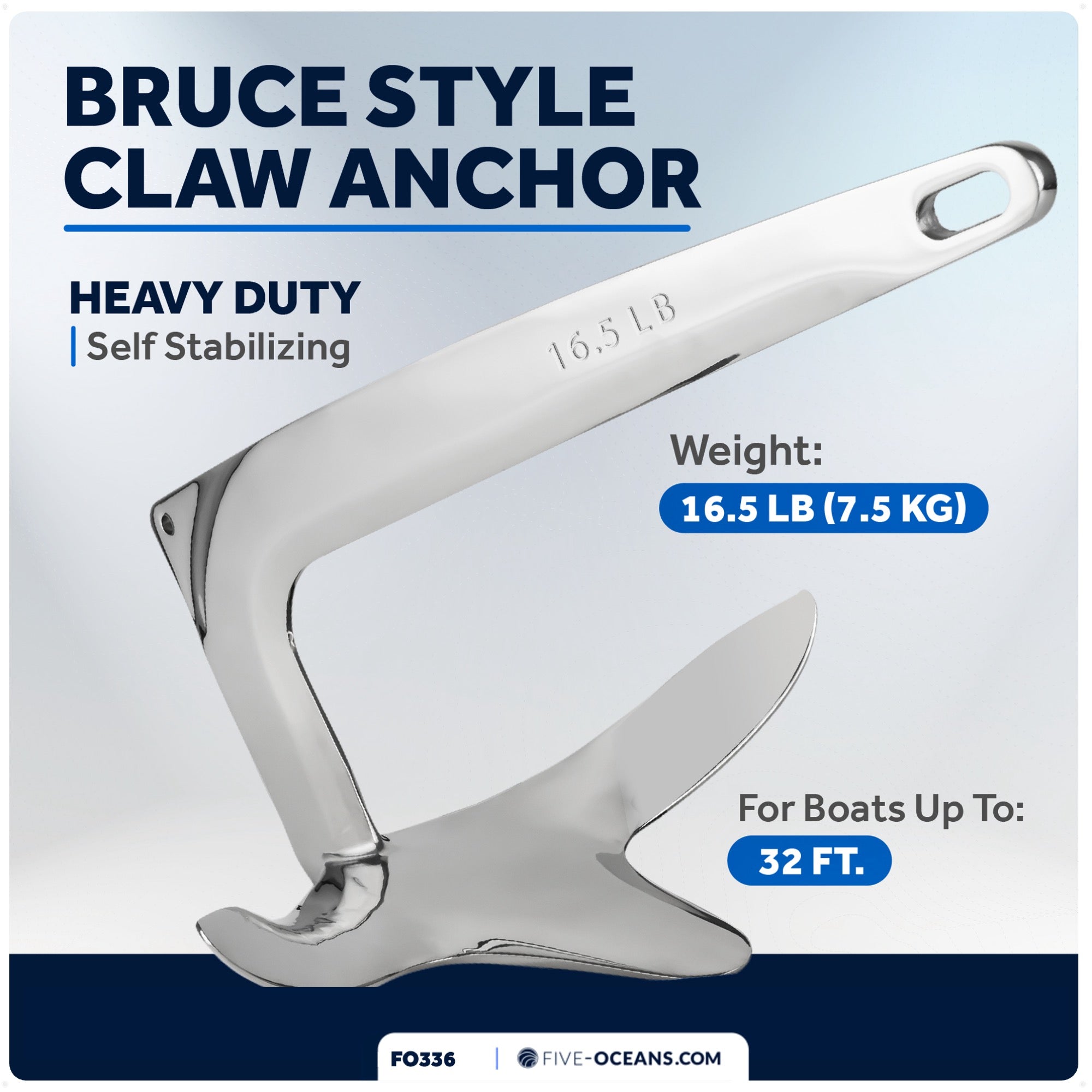 Bruce Style Claw Anchor, 16.5 Lb, Stainless Steel - FO336 - Five Oceans
