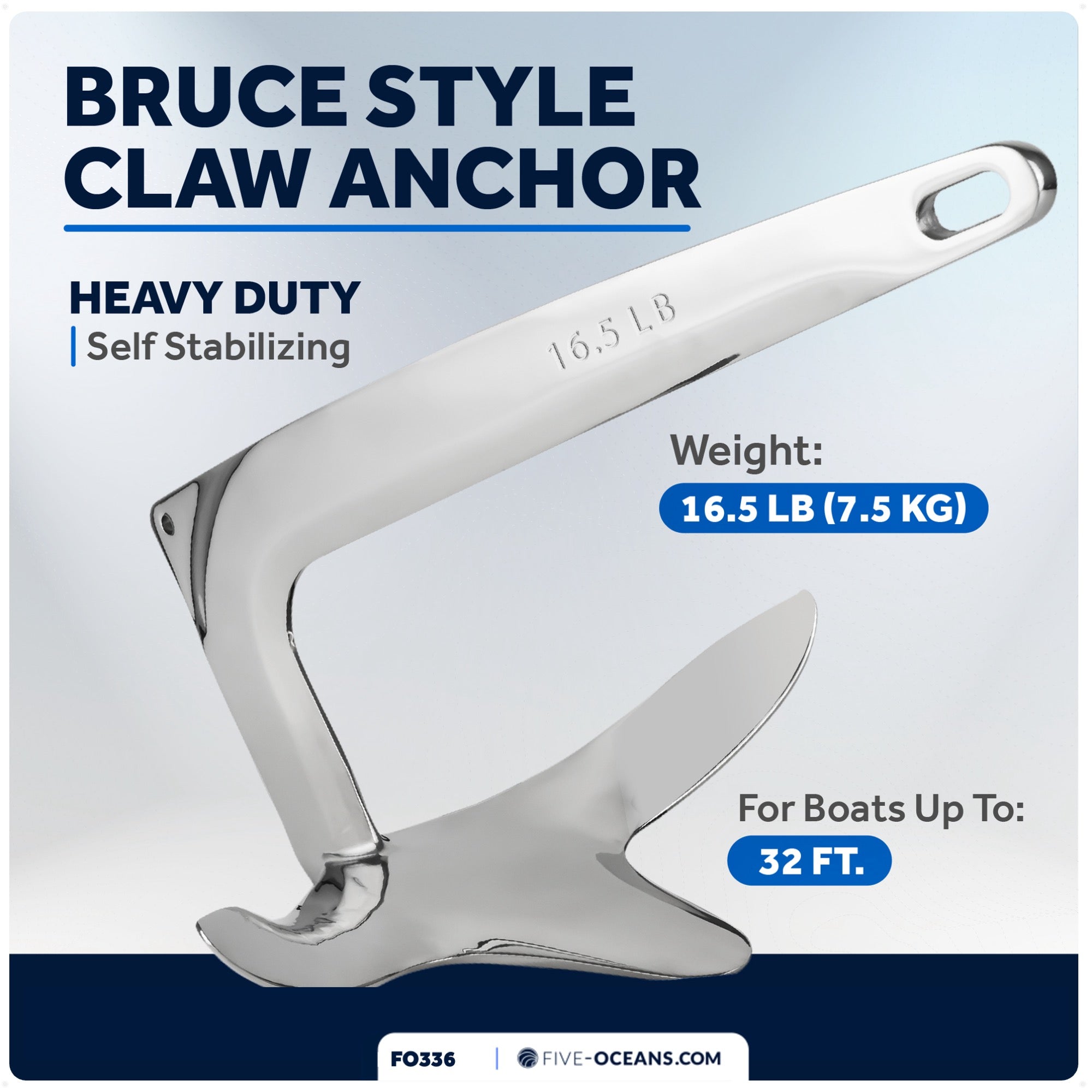 Bruce Style Claw Anchor, 16.5 Lb / 7.5 Kg, Stainless Steel - FO336