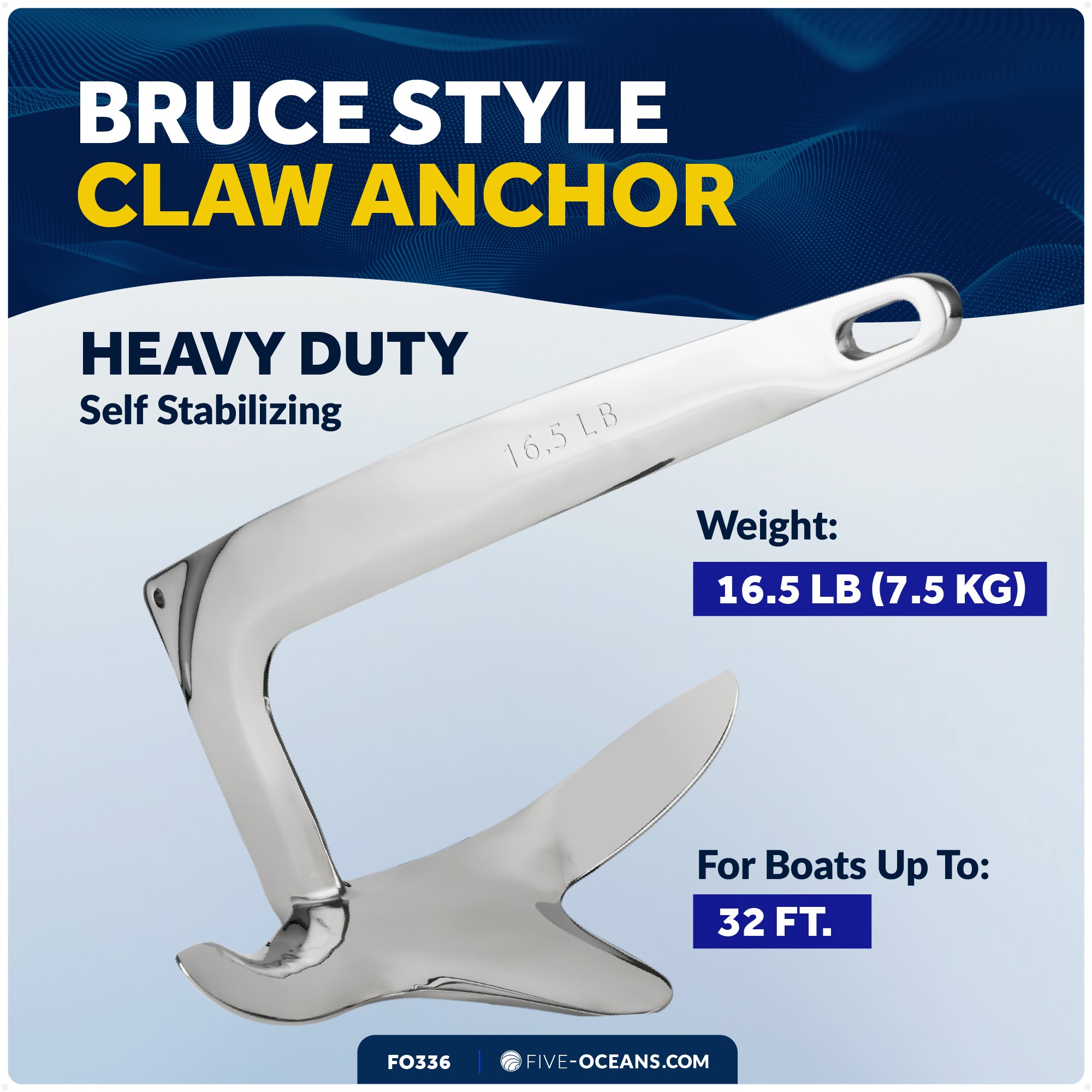 16.5 Lb. Bruce Claw Anchor, AISI316 Stainless Steel – FO336 - Five Oceans
