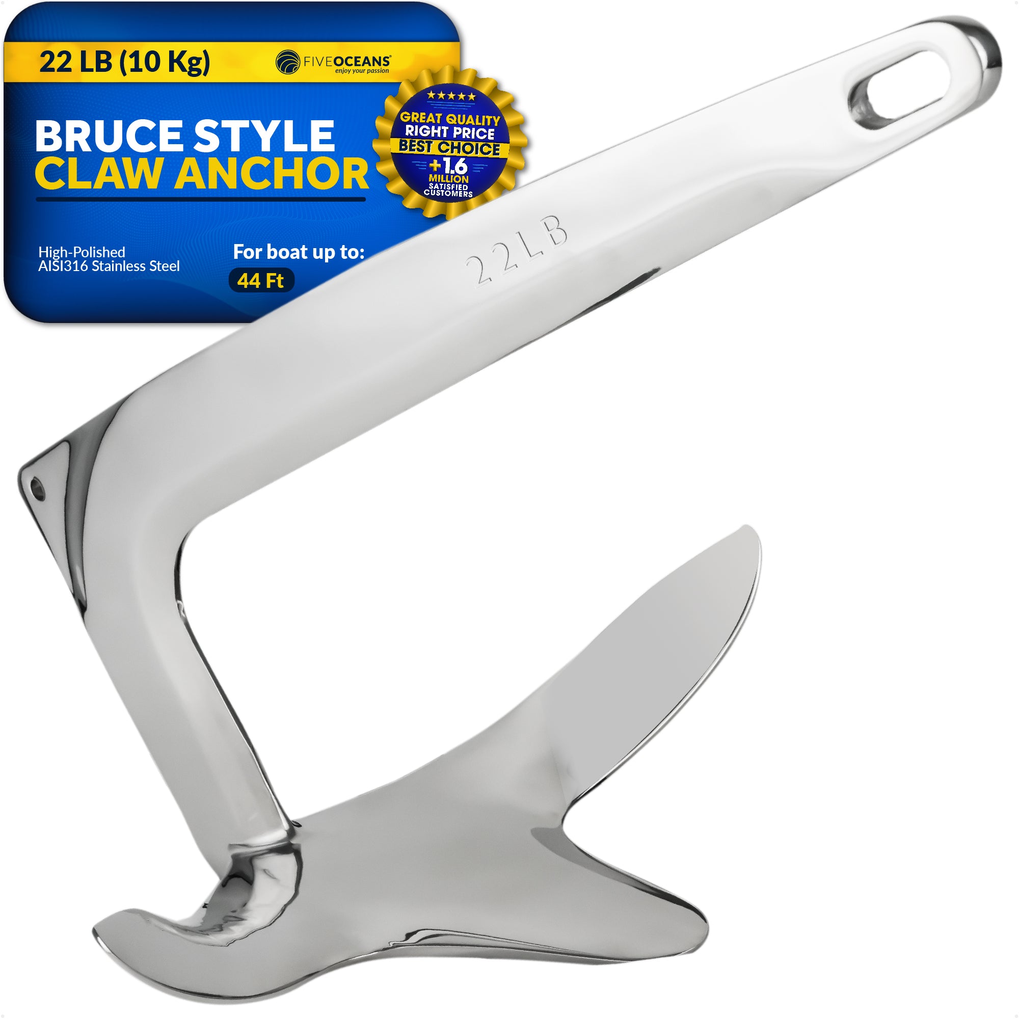 Bruce Style Claw Anchor, 22 Lb, Stainless Steel - FO337 - Five Oceans