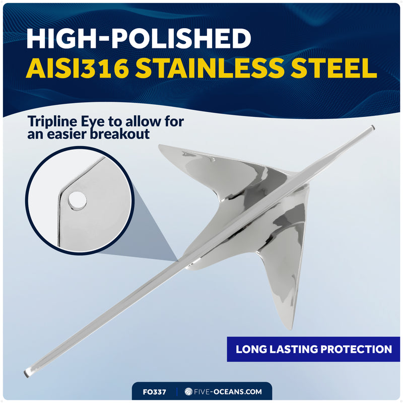 22 Lb. Bruce Claw Anchor, AISI316 Stainless Steel – FO337 - Five Oceans