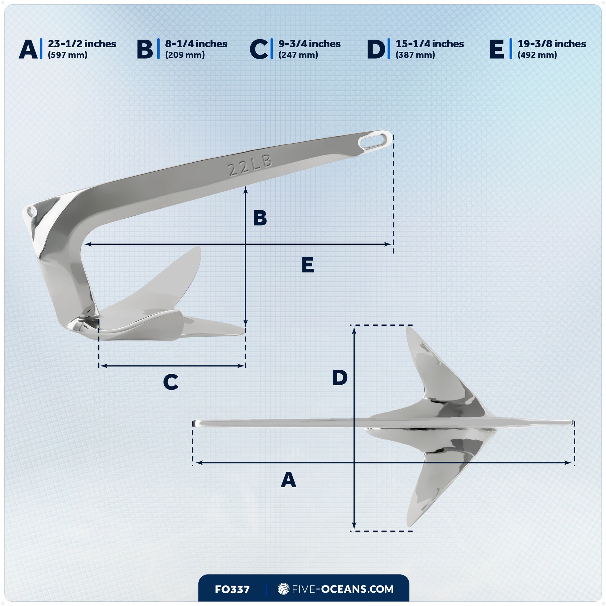 Bruce Style Claw Anchor, 22 Lb, Stainless Steel - FO337 - Five Oceans