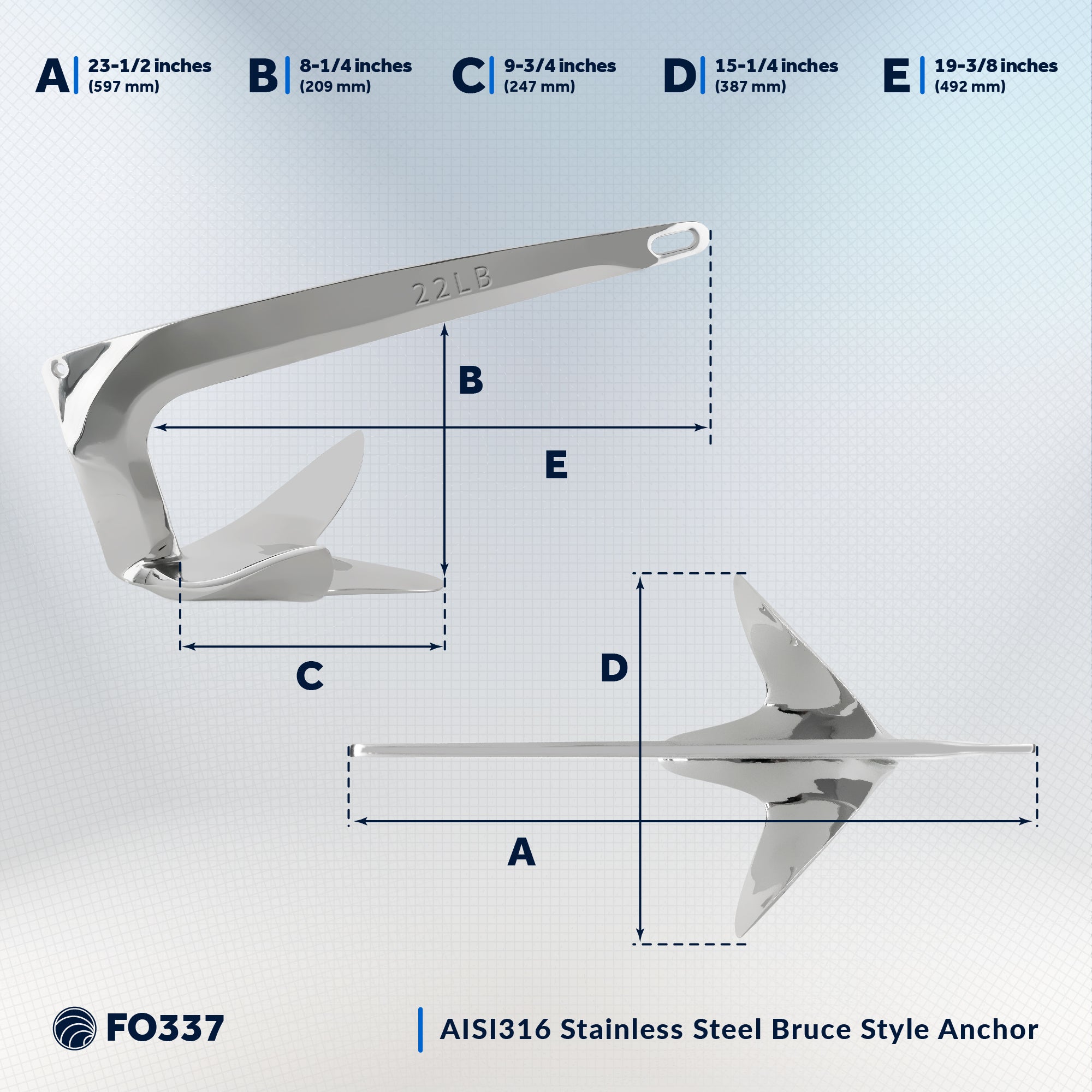 Bruce Style Claw Anchor, 22 Lb, Stainless Steel - FO337 - Five Oceans