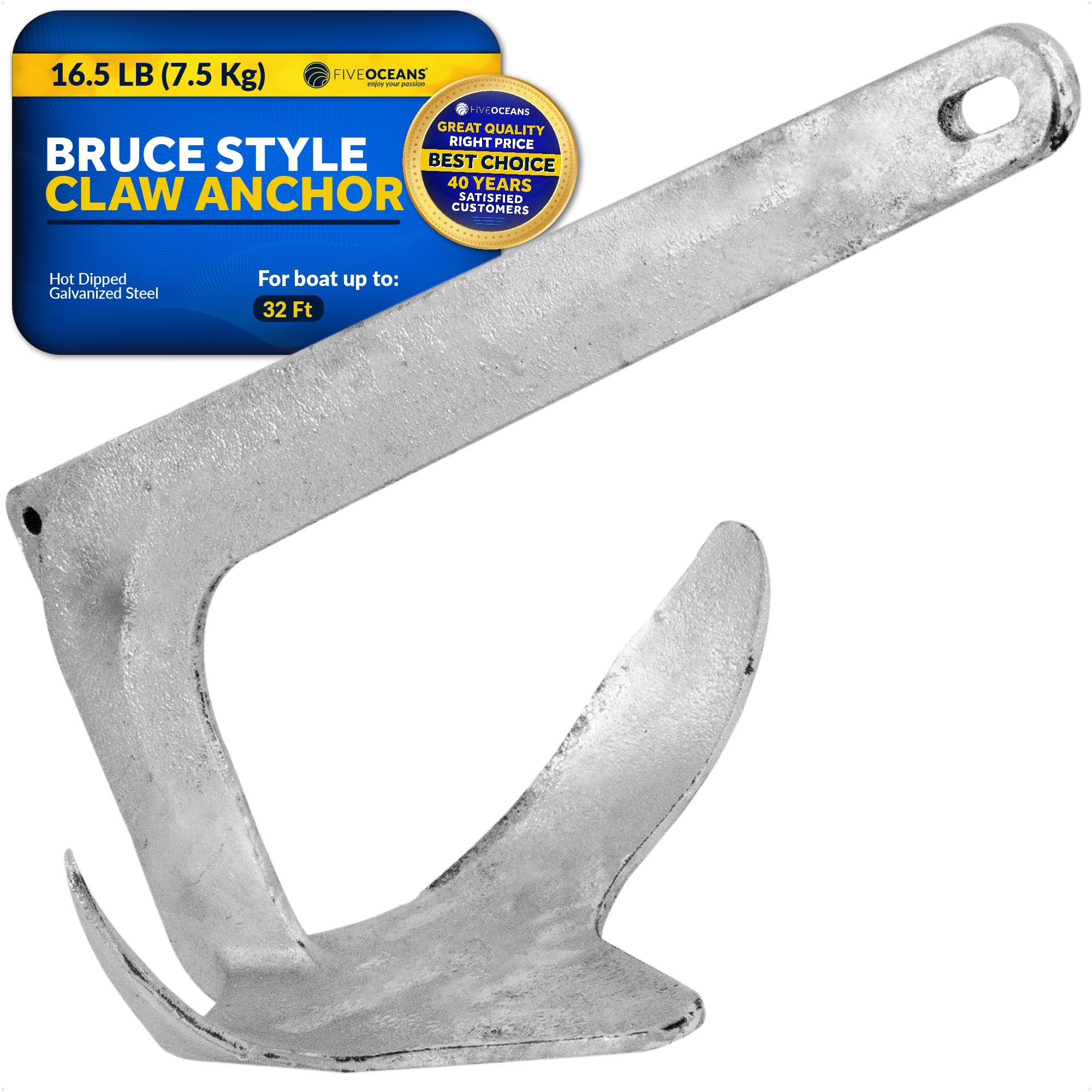 Bruce Style Claw Anchor, 16.5 Lb / 7.5 Kg, Hot Dipped Galvanized Steel - FO340