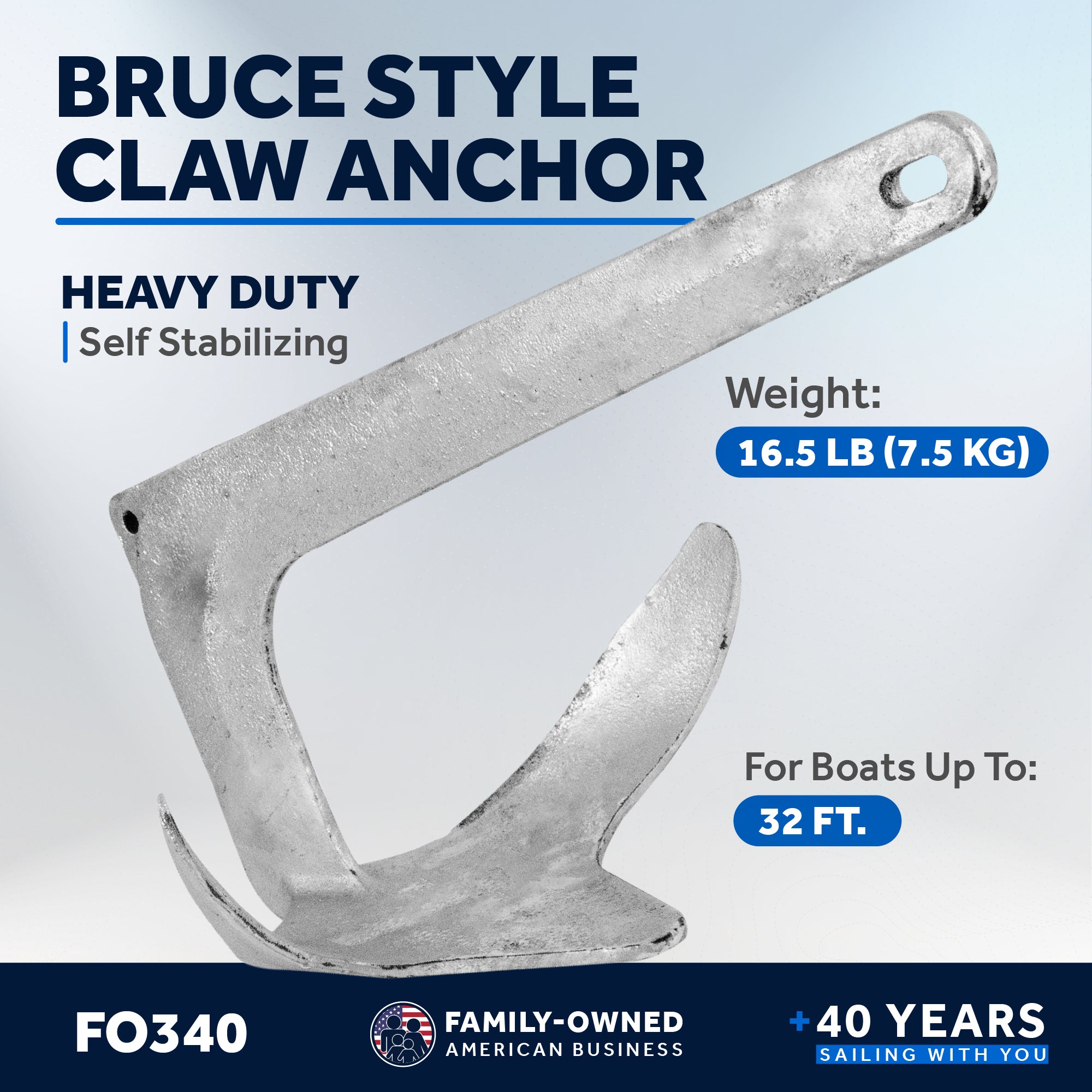 Bruce Style Claw Anchor, 16.5 Lb / 7.5 Kg, Hot Dipped Galvanized Steel - FO340