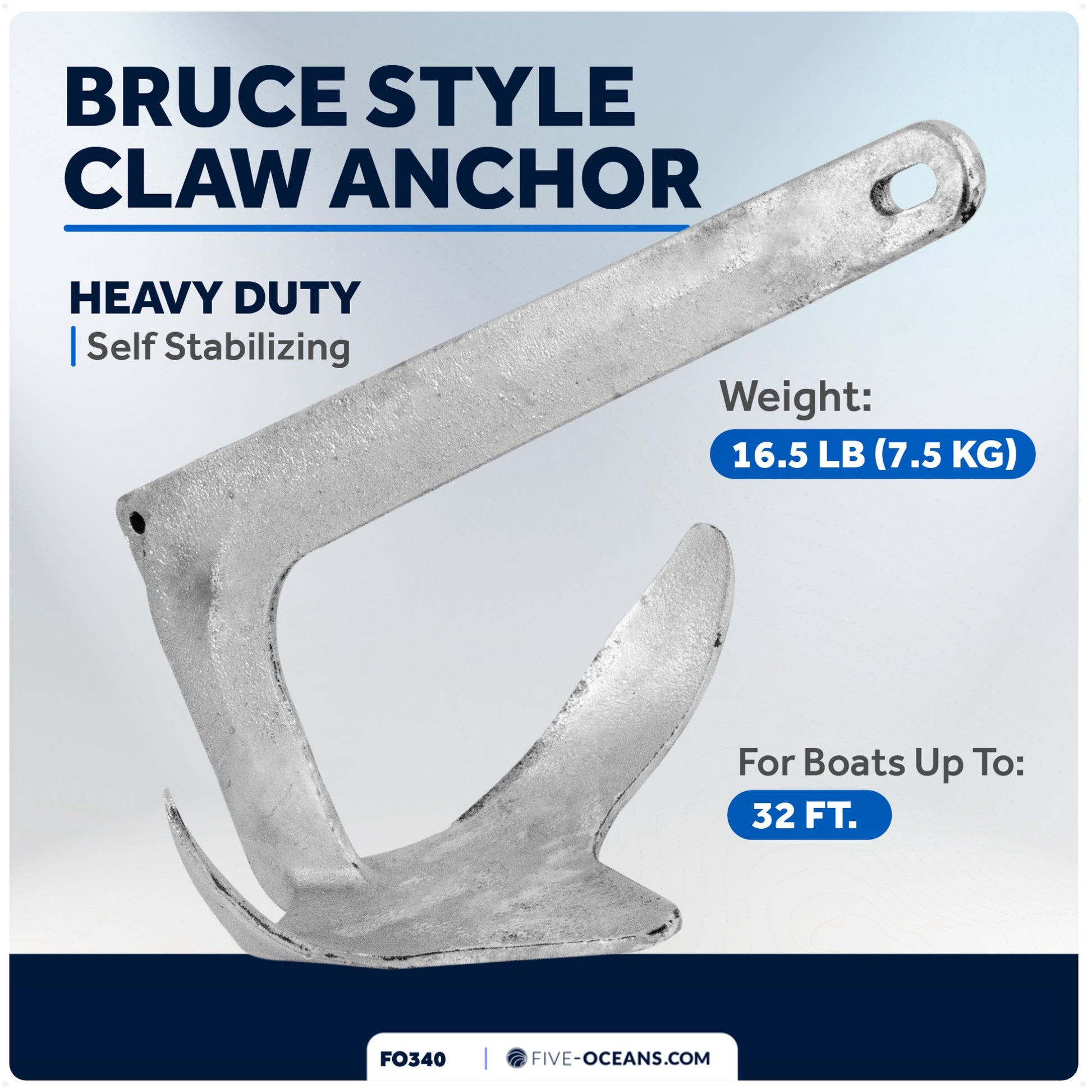 Bruce Style Claw Anchor, 16.5 Lb, Hot Dipped Galvanized Steel - FO340 - Five Oceans