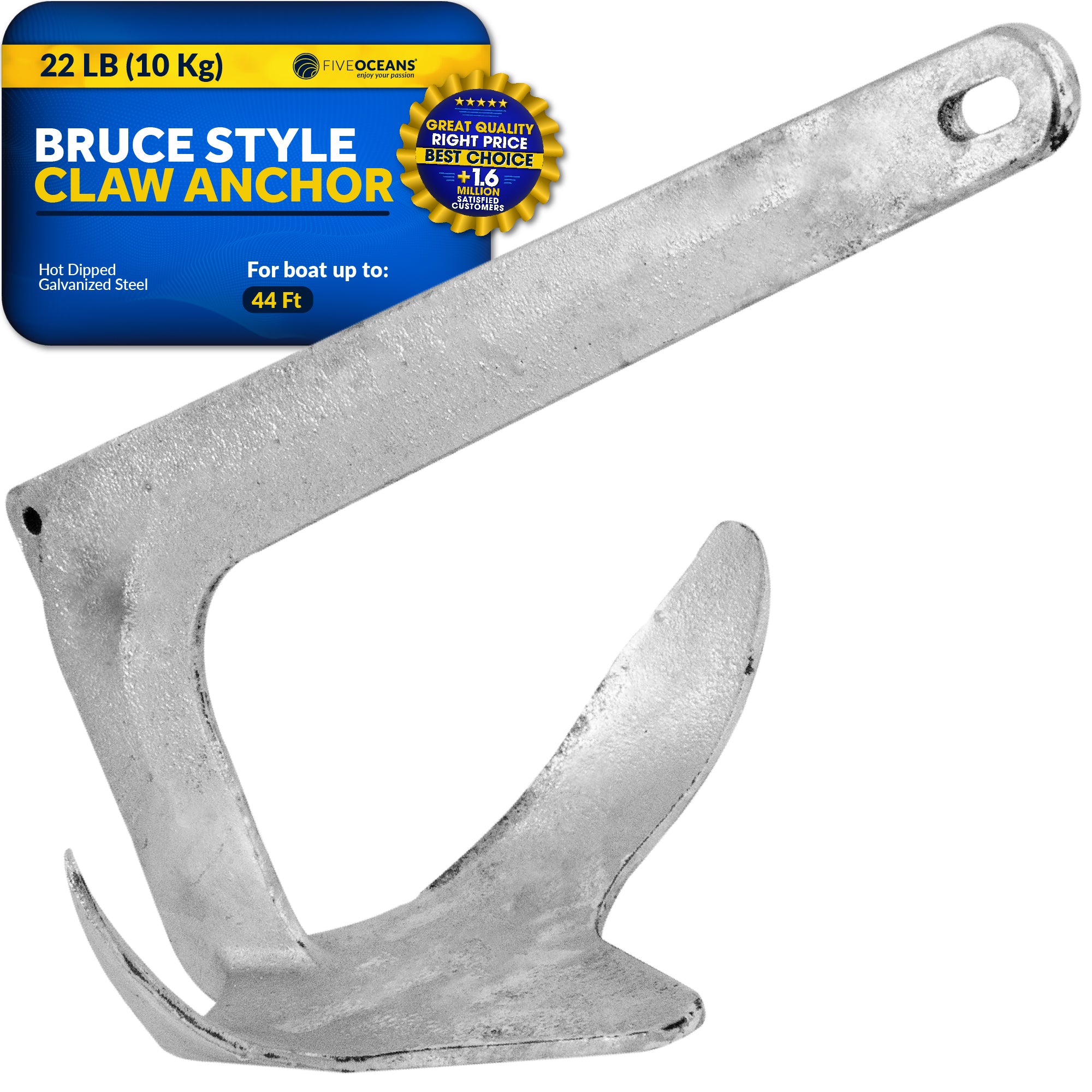 Bruce Style Claw Anchor, 22 Lb, Hot Dipped Galvanized Steel - FO341 - Five Oceans