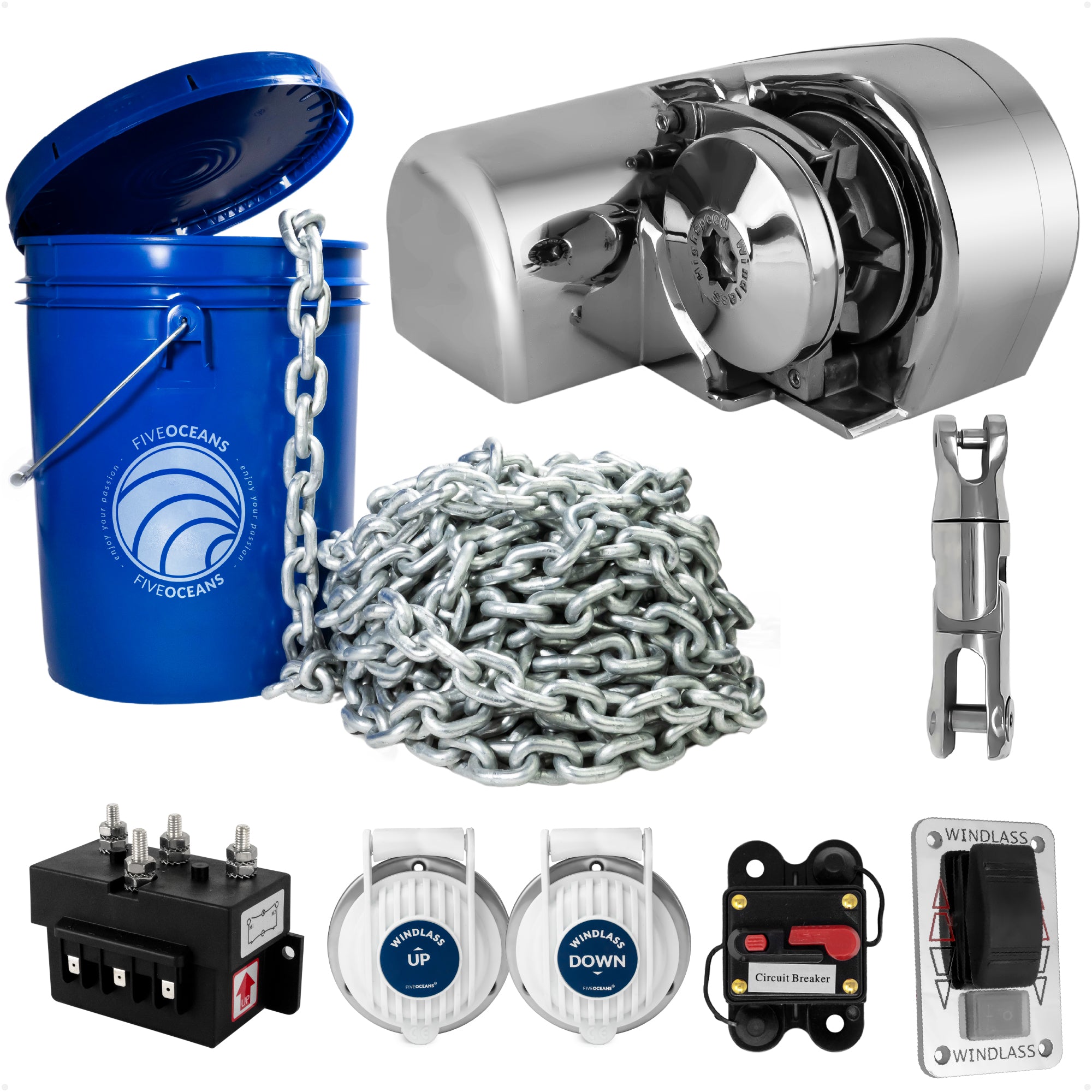 Premium Windlass Anchor Kit – 900W Horizontal Windlass, 100 Ft HTG4 5/16" Galvanized Chain & Anchor Swivel - FO3442-4490-M100-KIT