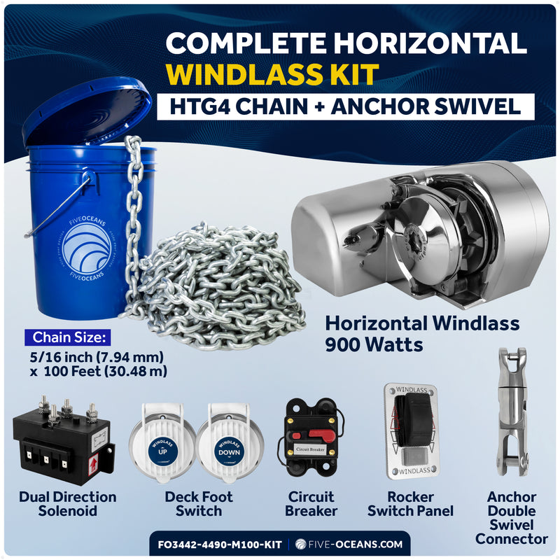 Horizontal Windlass Kit 900W with 100' Galvanized Chain - FO3442-4490-M100-KIT - Five Oceans
