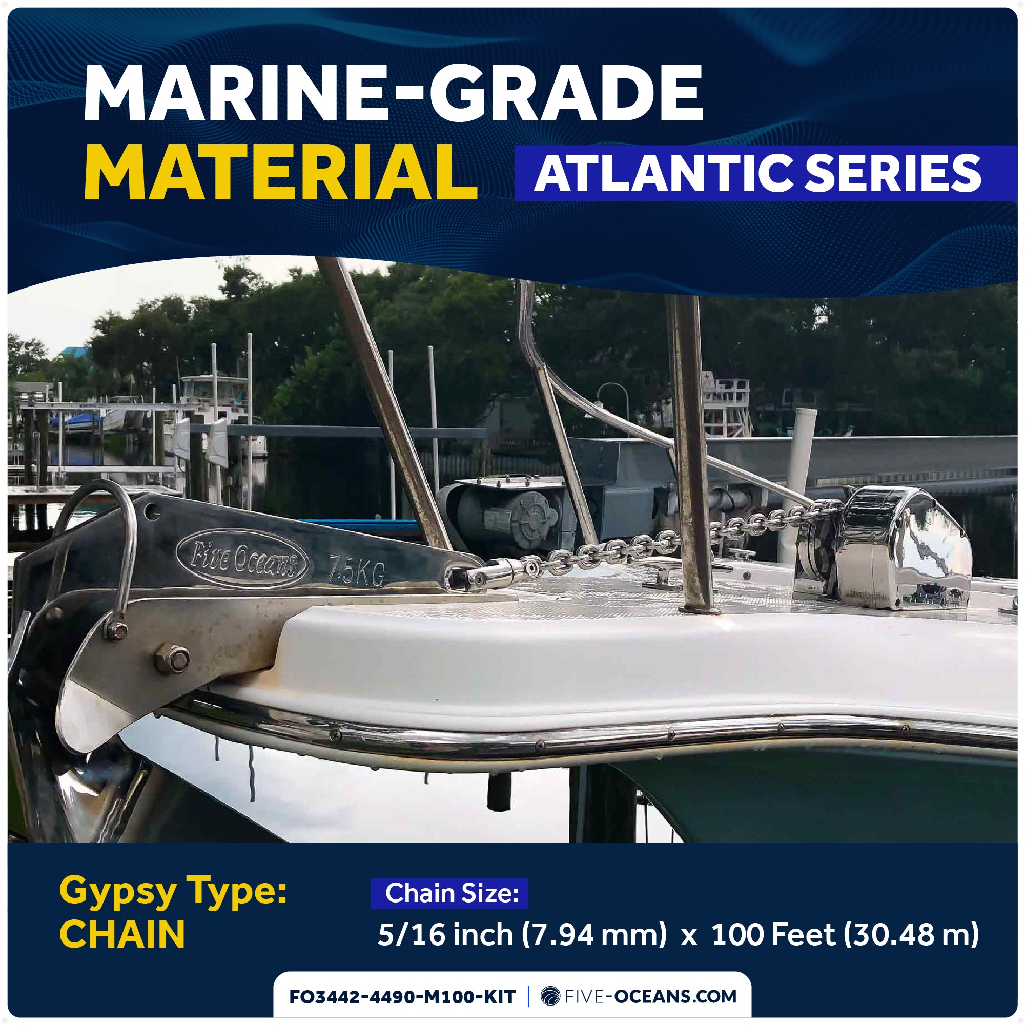 Premium Windlass Anchor Kit – 900W Horizontal Windlass, 100 Ft HTG4 5/16" Galvanized Chain & Anchor Swivel - FO3442-4490-M100-KIT