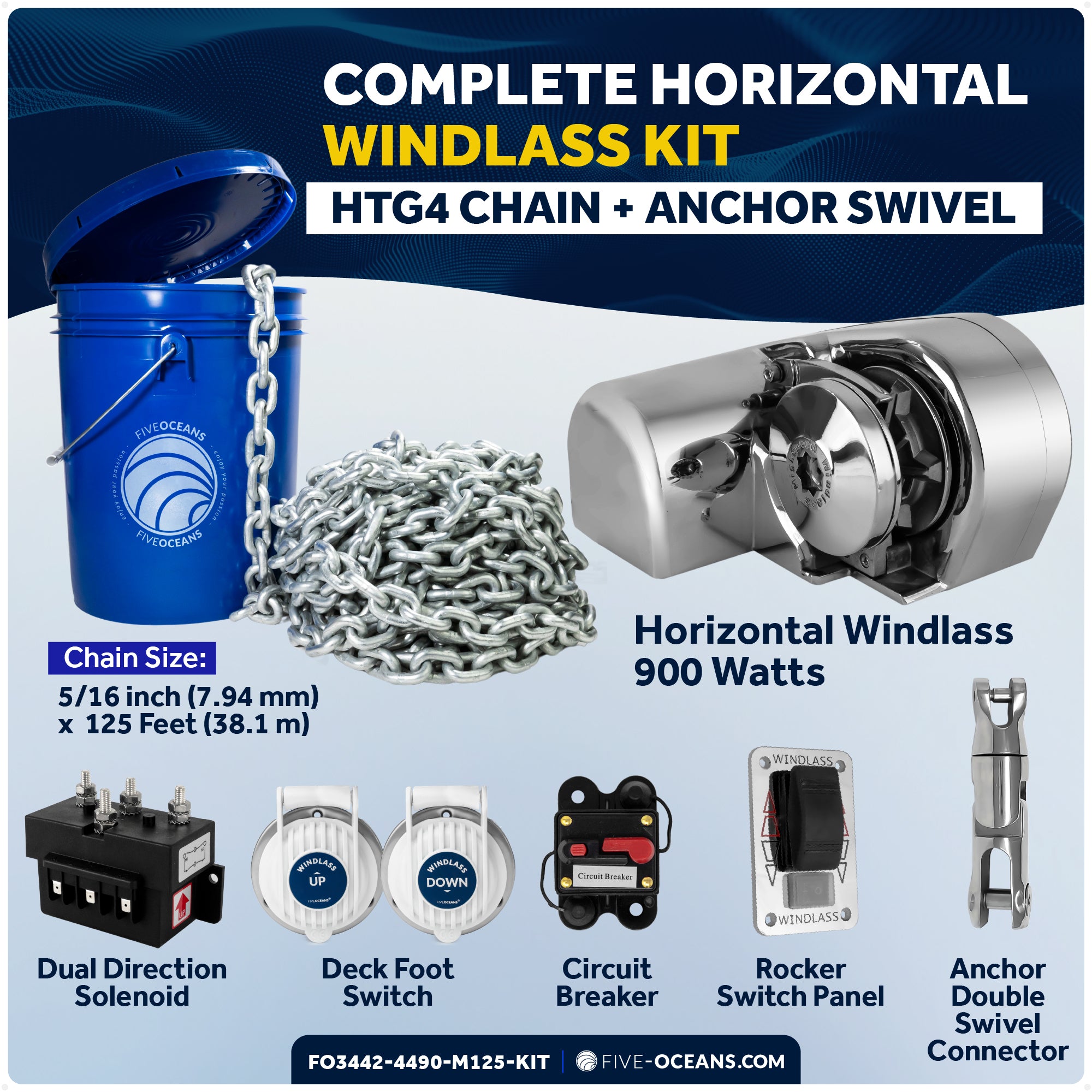 Premium Windlass Anchor Kit - 900W Horizontal Windlass, 125 Ft HTG4 5/16" Galvanized Chain & Anchor Swivel - FO3442-4490-M125-KIT