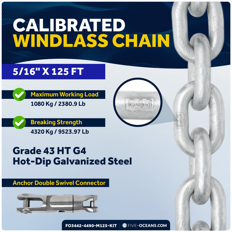 Horizontal Windlass Kit 900W with 125' Galvanized Chain - FO3442-4490-M125-KIT - Five Oceans