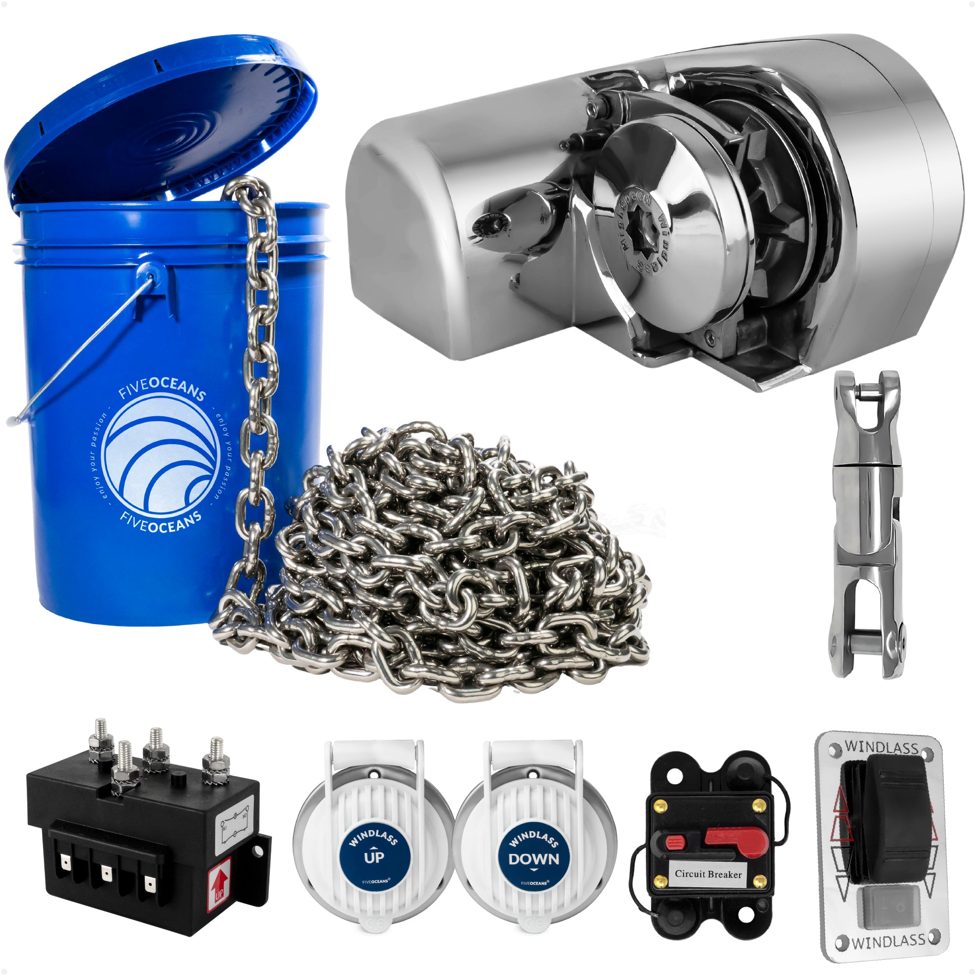 Premium Windlass Anchor Kit – 900W Horizontal Windlass, 100 Ft HTG4 5/16" Stainless Steel Chain & Anchor Swivel - FO3442-4493-M100-KIT