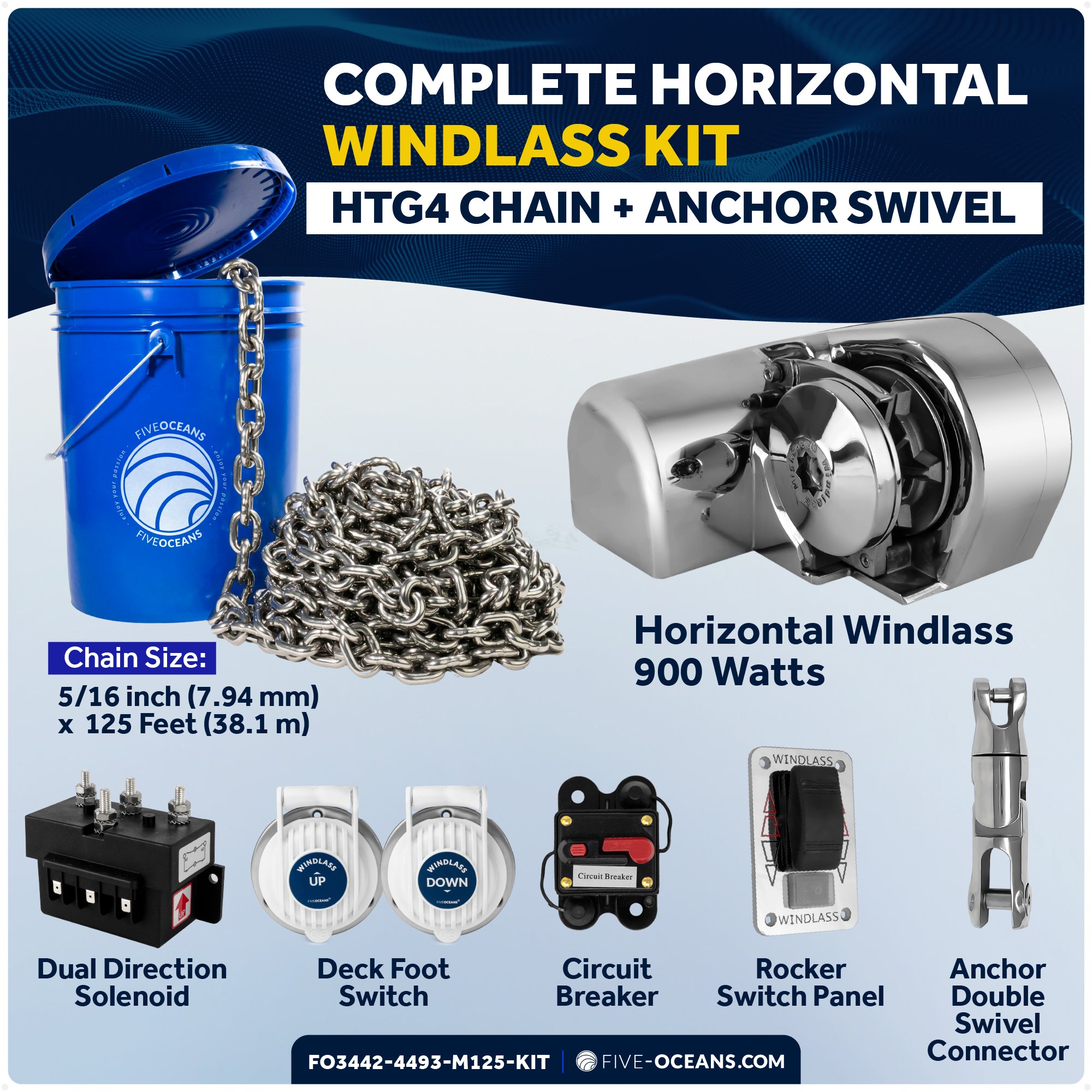 Premium Windlass Anchor Kit – 900W Horizontal Windlass, 125 Ft HTG4 5/16" Stainless Steel Chain & Anchor Swivel - FO3442-4493-M125-KIT