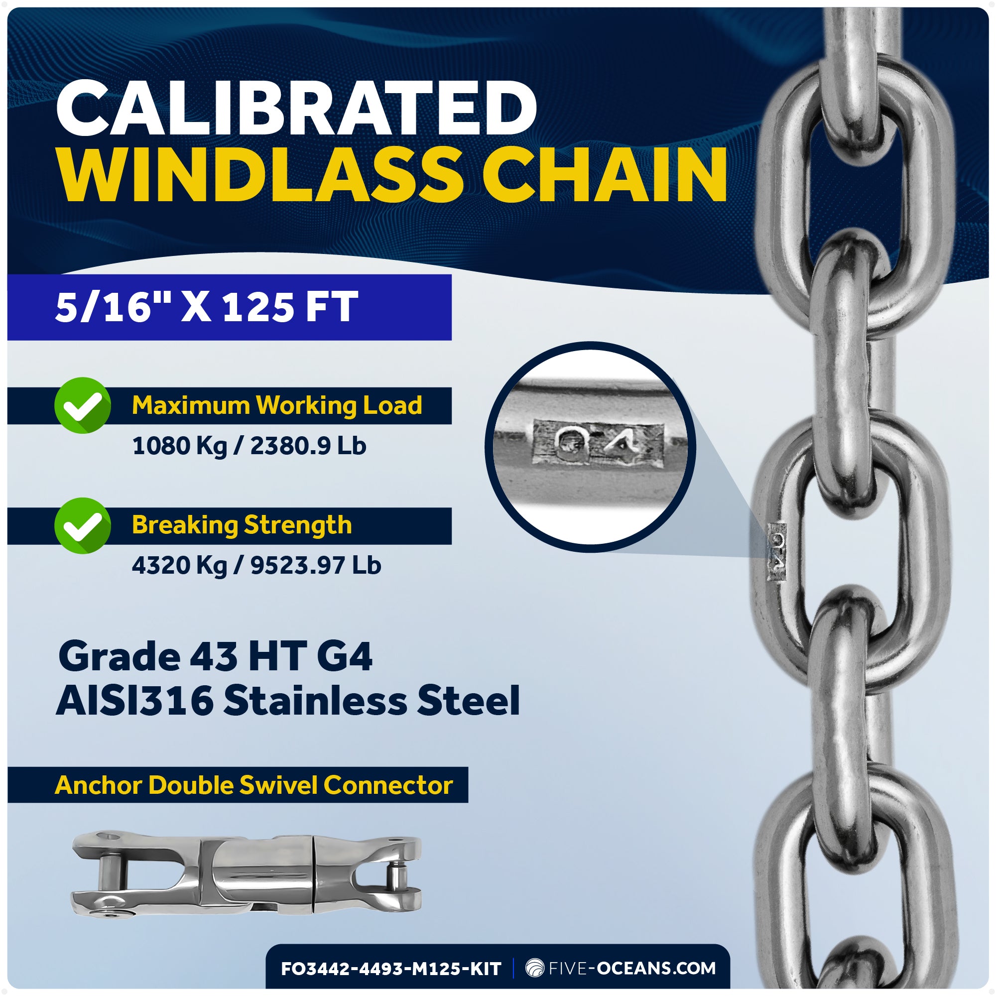 Premium Windlass Anchor Kit – 900W Horizontal Windlass, 125 Ft HTG4 5/16" Stainless Steel Chain & Anchor Swivel - FO3442-4493-M125-KIT