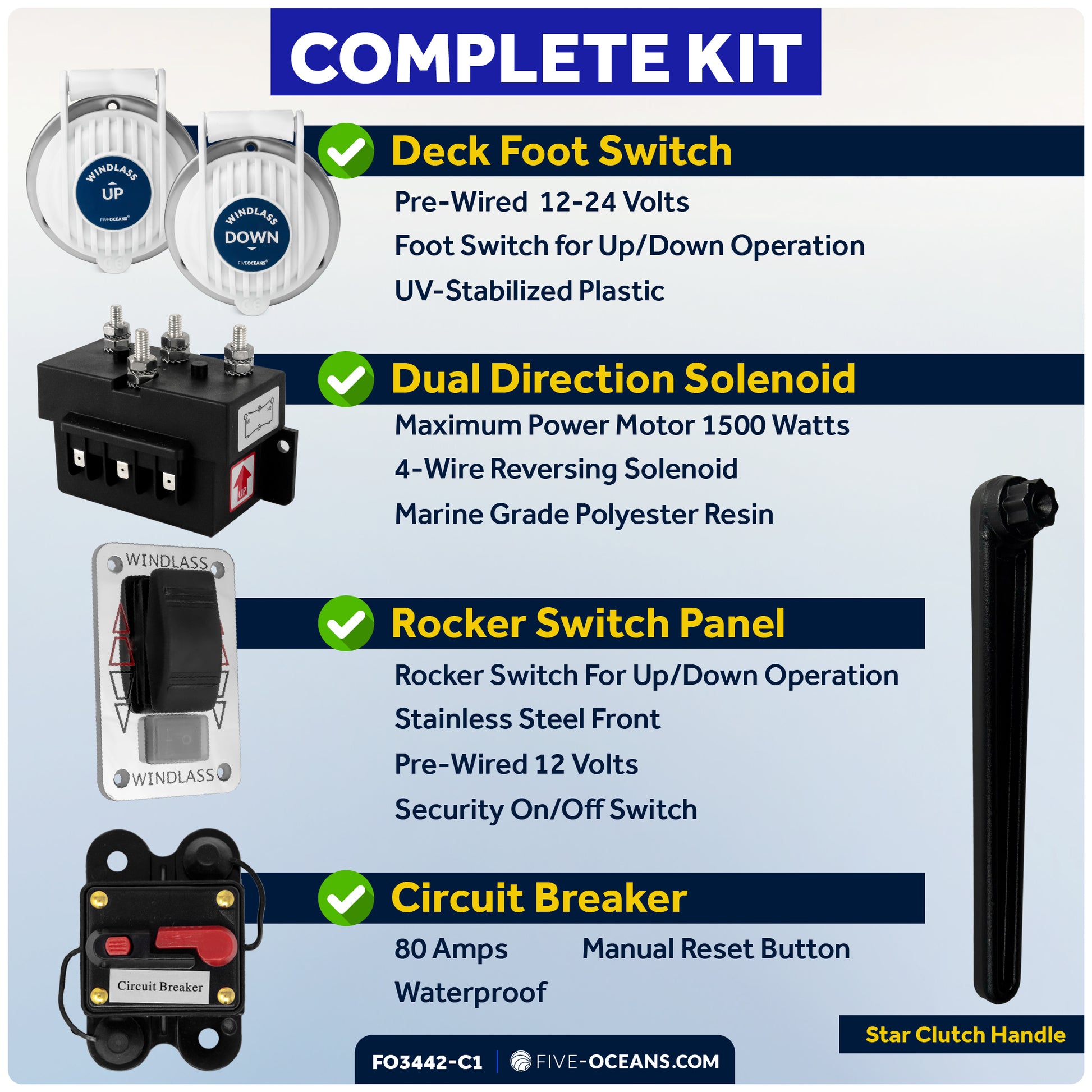 Atlantic Windlass Kit, Horizontal 900 Watts, 12V DC, 9/16" x150' 3-Strand Rope, 5/16" x 20' Galvanized Steel HT G4 Chain, Swivel and Shackle - FO3442-C1 - Five Oceans