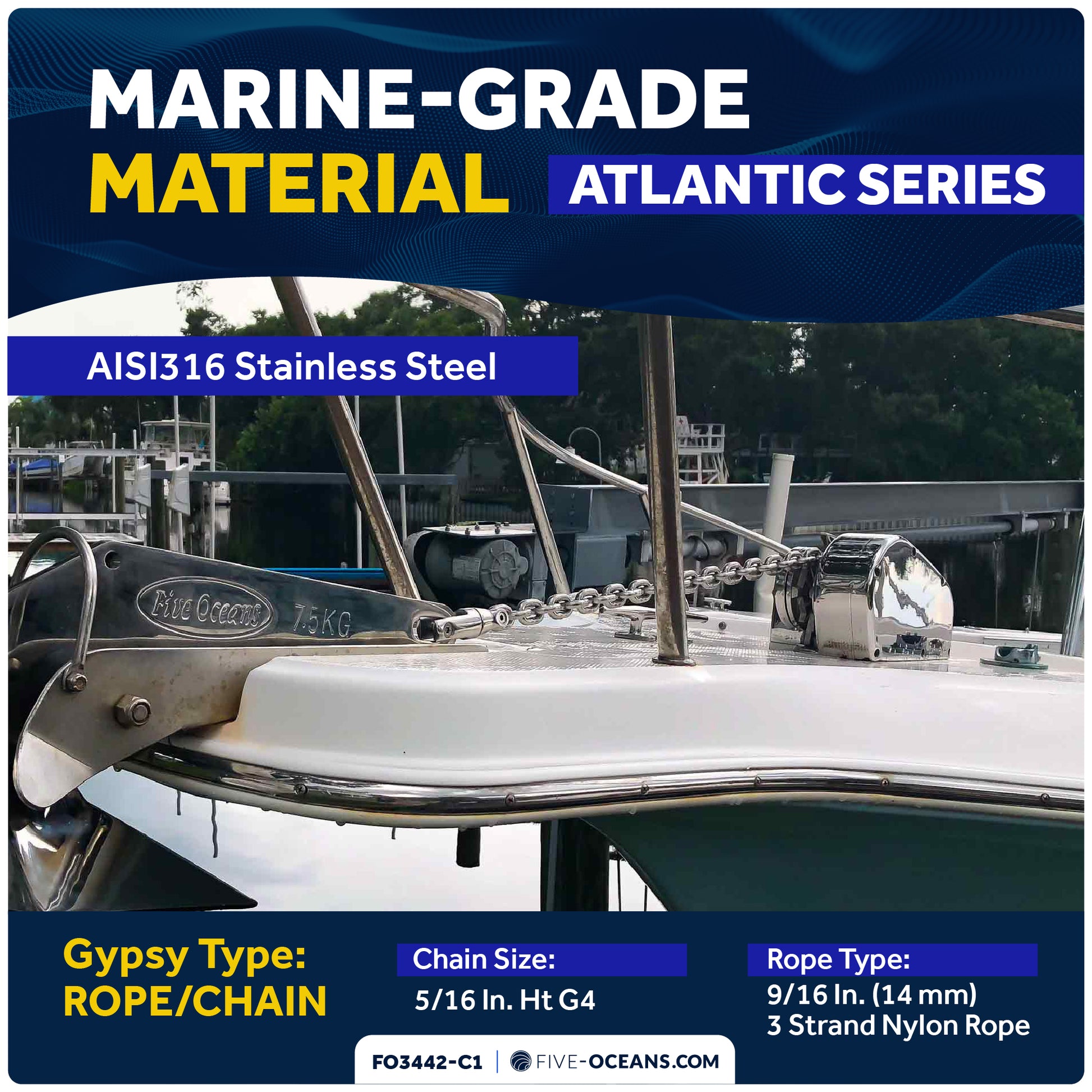 Atlantic Windlass Kit, Horizontal 900 Watts, 12V DC, 9/16" x150' 3-Strand Rope, 5/16" x 20' Galvanized Steel HT G4 Chain, Swivel and Shackle - FO3442-C1 - Five Oceans